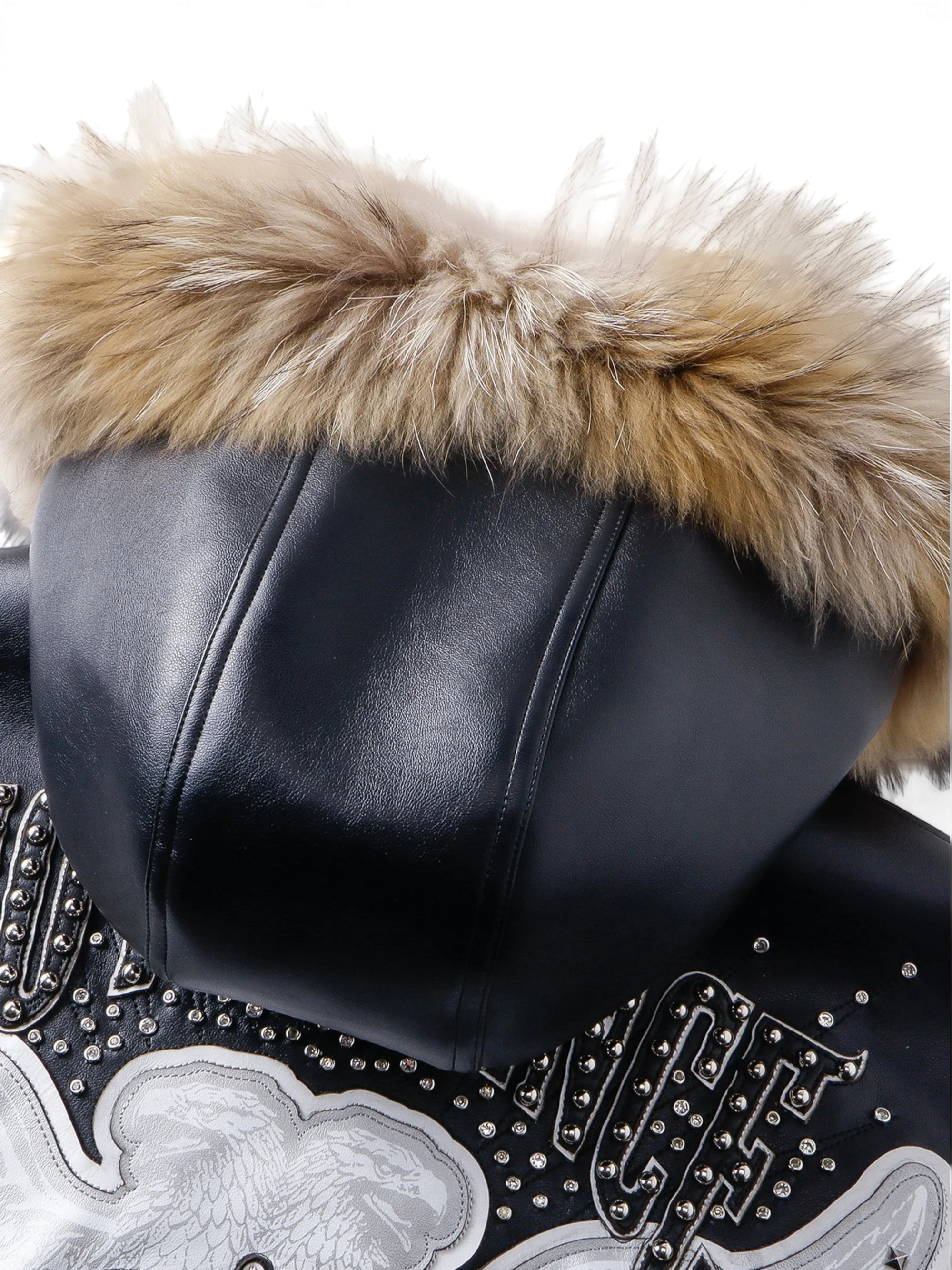 TBHNP Luminous Dawn rhinestone winged fur-hood leather jacket, black — men's gothic streetwear jacket