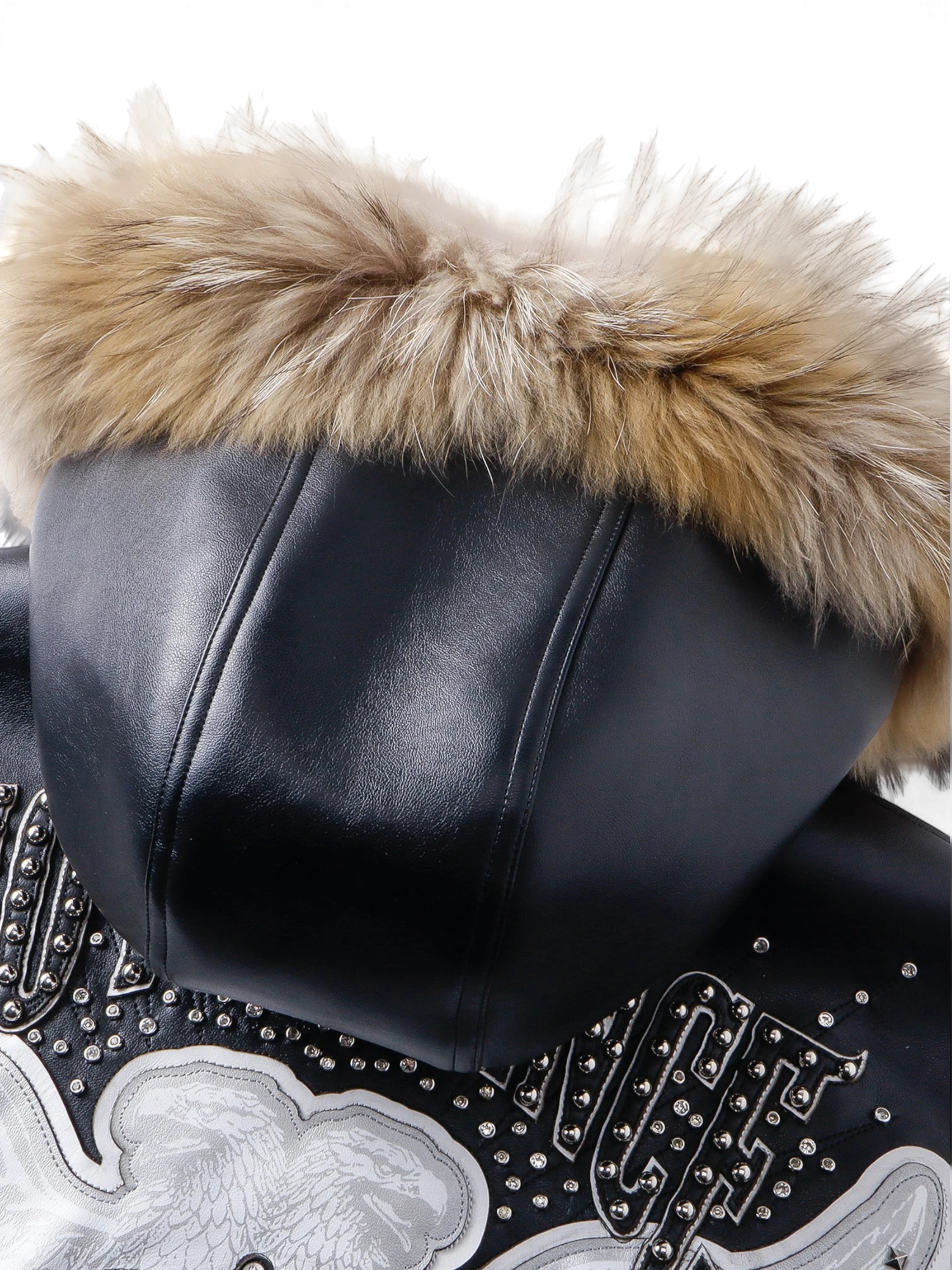 TBHNP Luminous Dawn rhinestone winged fur-hood leather jacket, black — men's gothic streetwear jacket