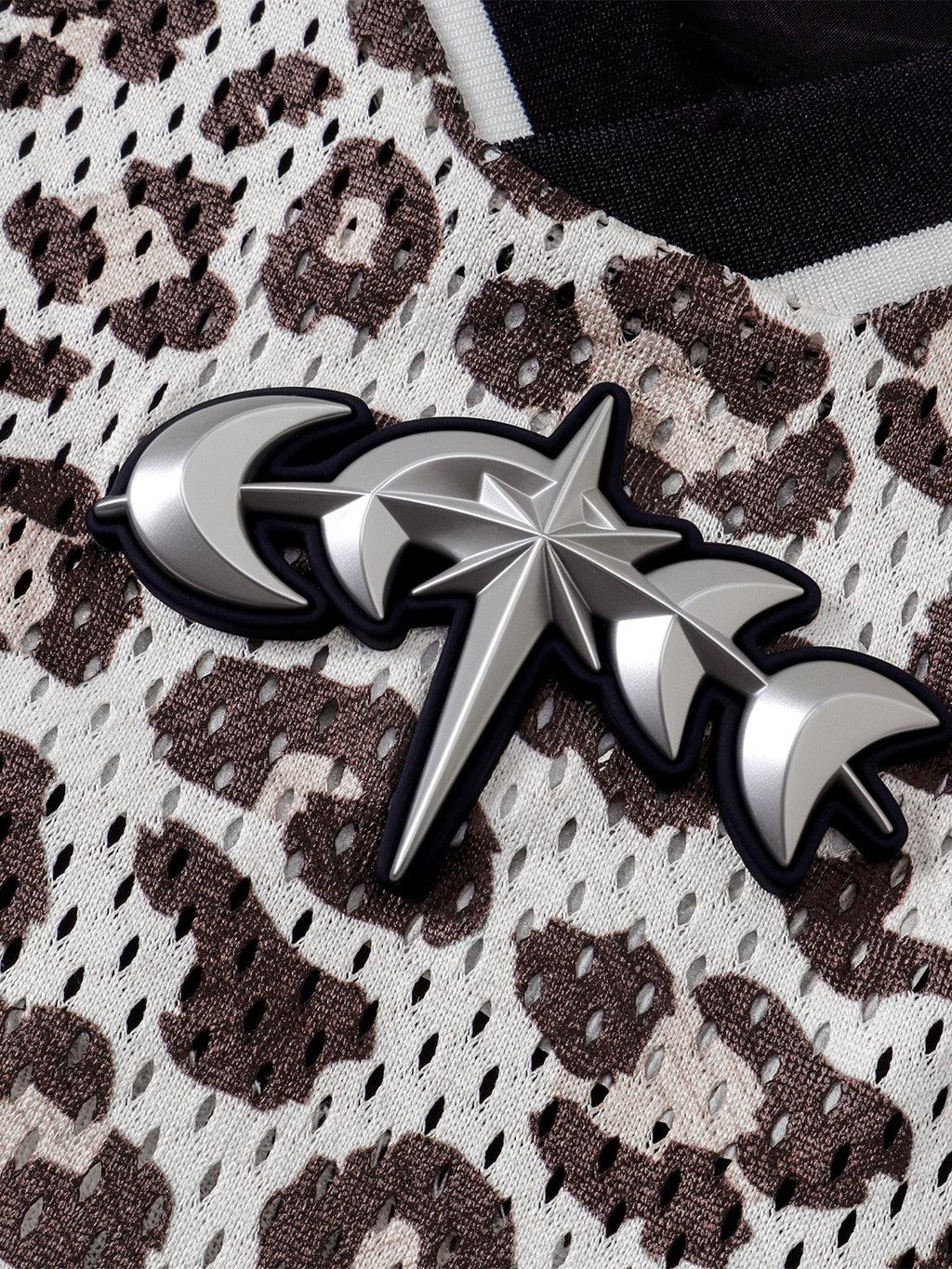 TBHNP Luminous Dawn leopard patchwork rugby shirt with double-headed eagle graphic — men's streetwear top