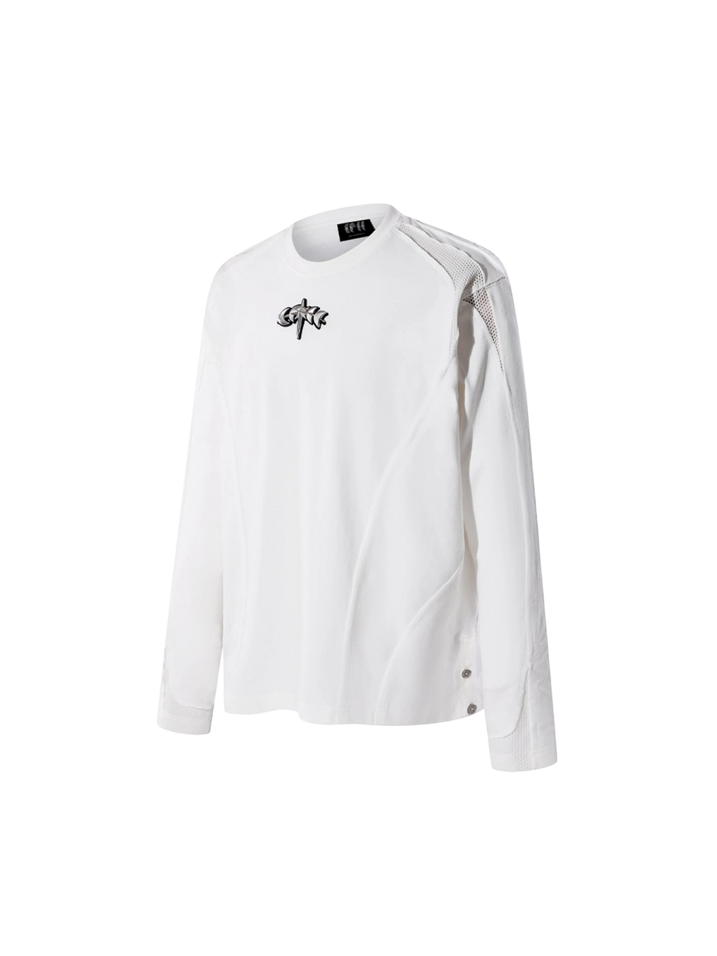 TBHNP Luminous Dawn sculpted mesh-panel long sleeve tee with metallic astral emblem — gothic streetwear