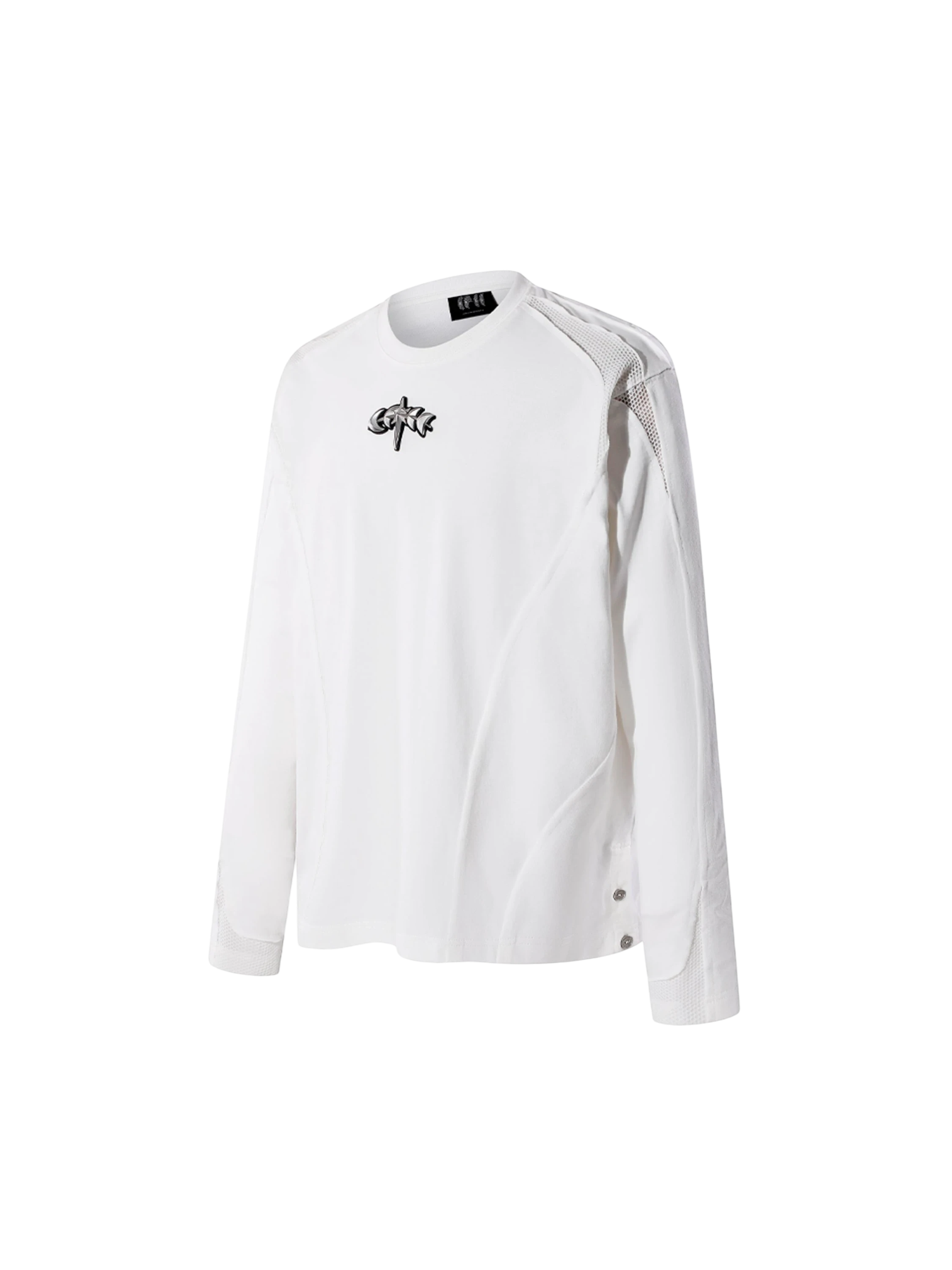 TBHNP Luminous Dawn sculpted mesh-panel long sleeve tee with metallic astral emblem — gothic streetwear