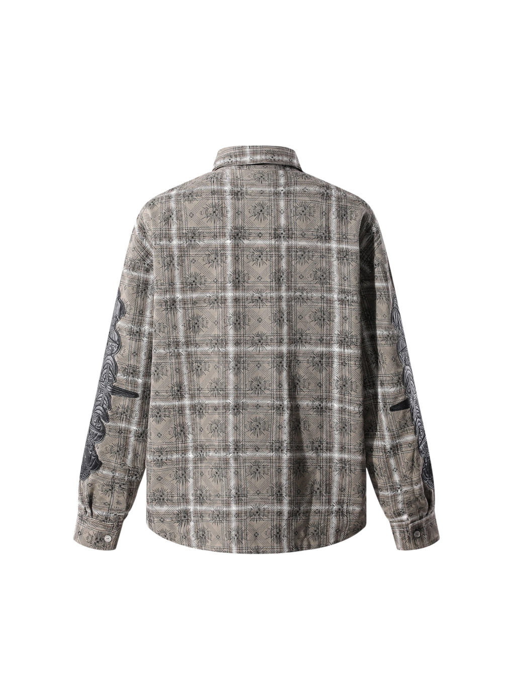 Close-up of the plaid fabric, rivets, and metal-set leather patch.