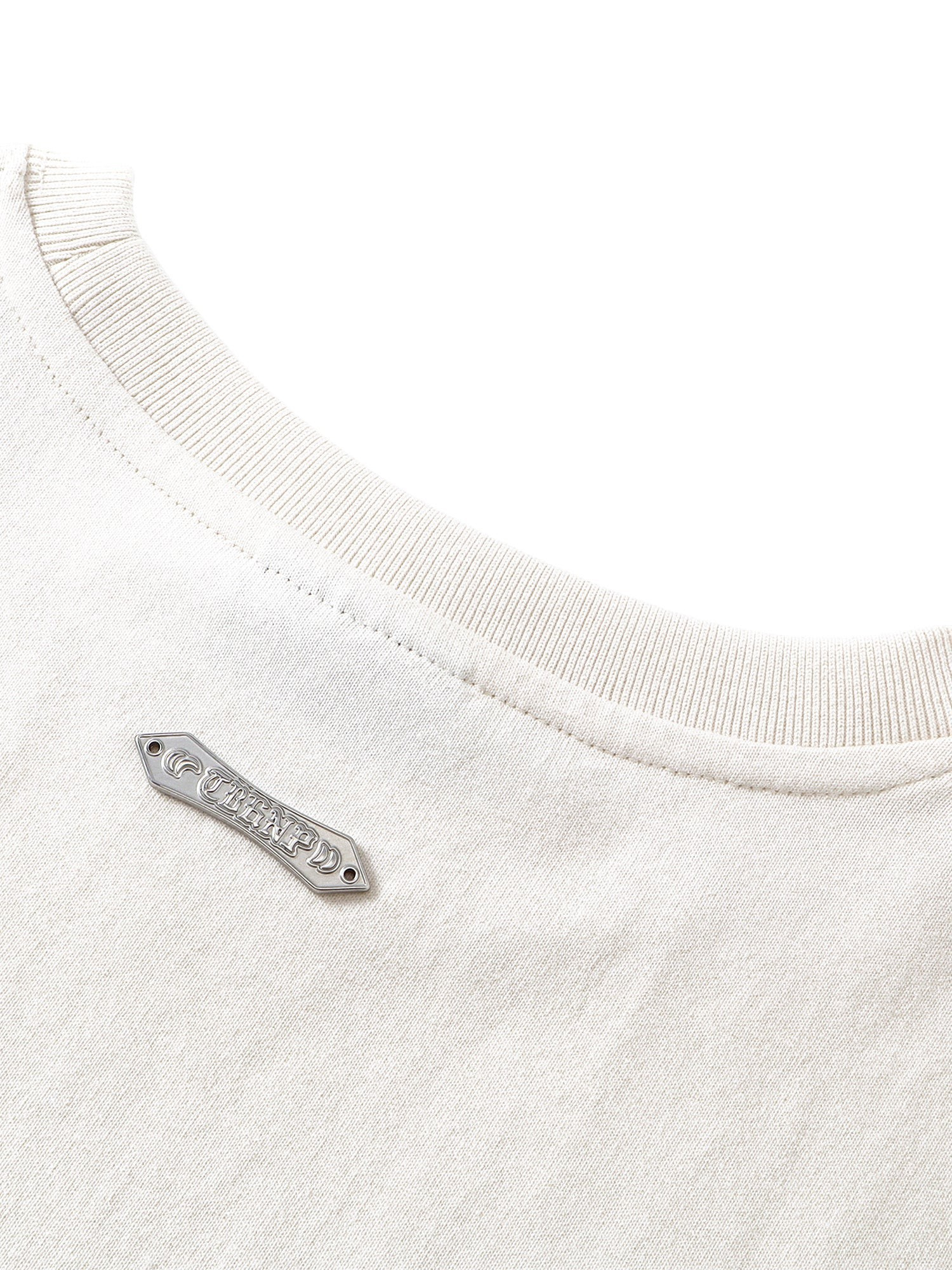 TBHNP Luminous Dawn distressed knight graphic long sleeve tee with bead-embroidered gothic lettering