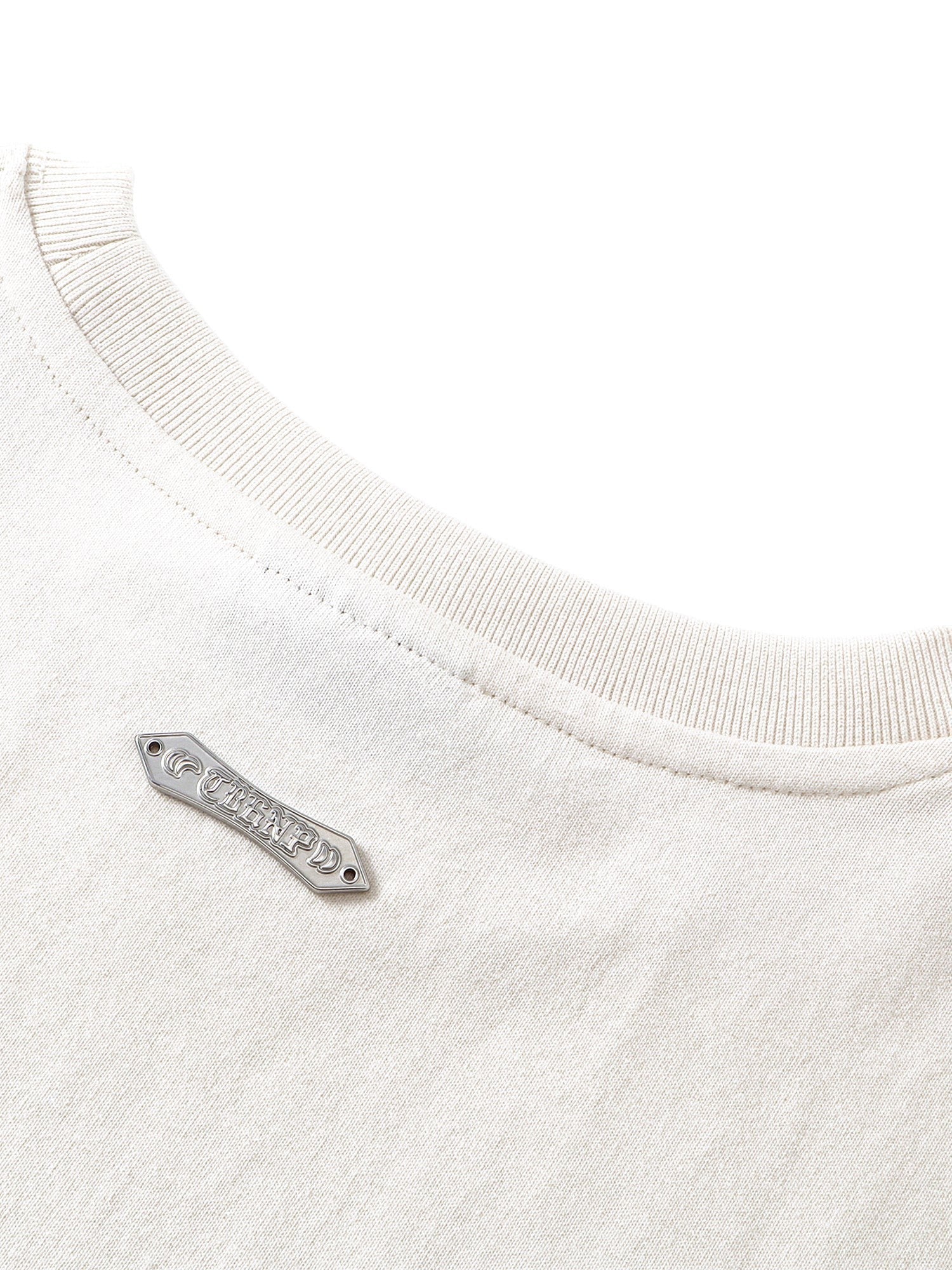 TBHNP Luminous Dawn distressed knight graphic long sleeve tee with bead-embroidered gothic lettering