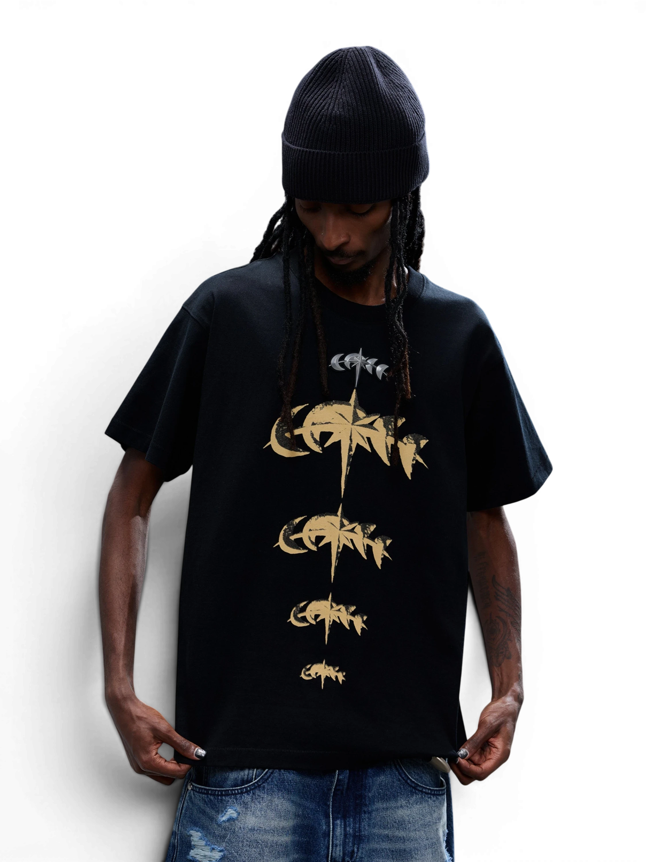 TBHNP Luminous Dawn faded gold print cotton t-shirt, black — men's streetwear graphic tee