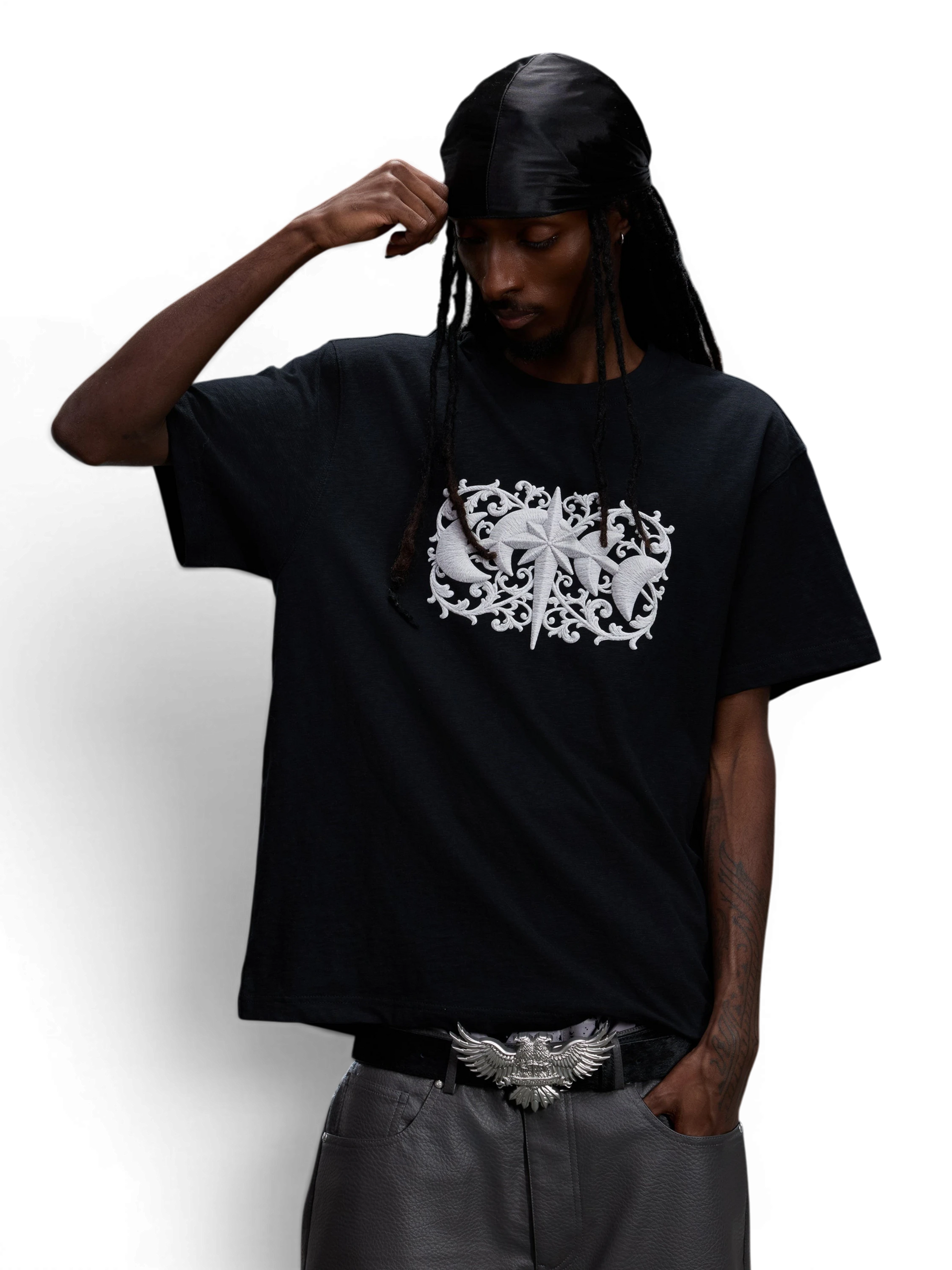 TBHNP Luminous Dawn baroque embroidered cotton t-shirt — men's streetwear graphic tee