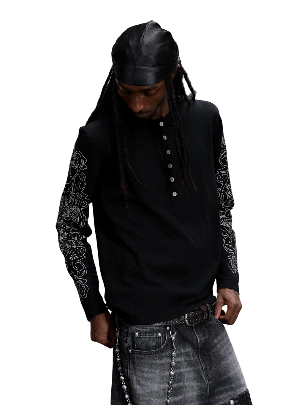 TBHNP Luminous Dawn baroque sleeve-print Henley long sleeve tee with metal buttons — gothic streetwear