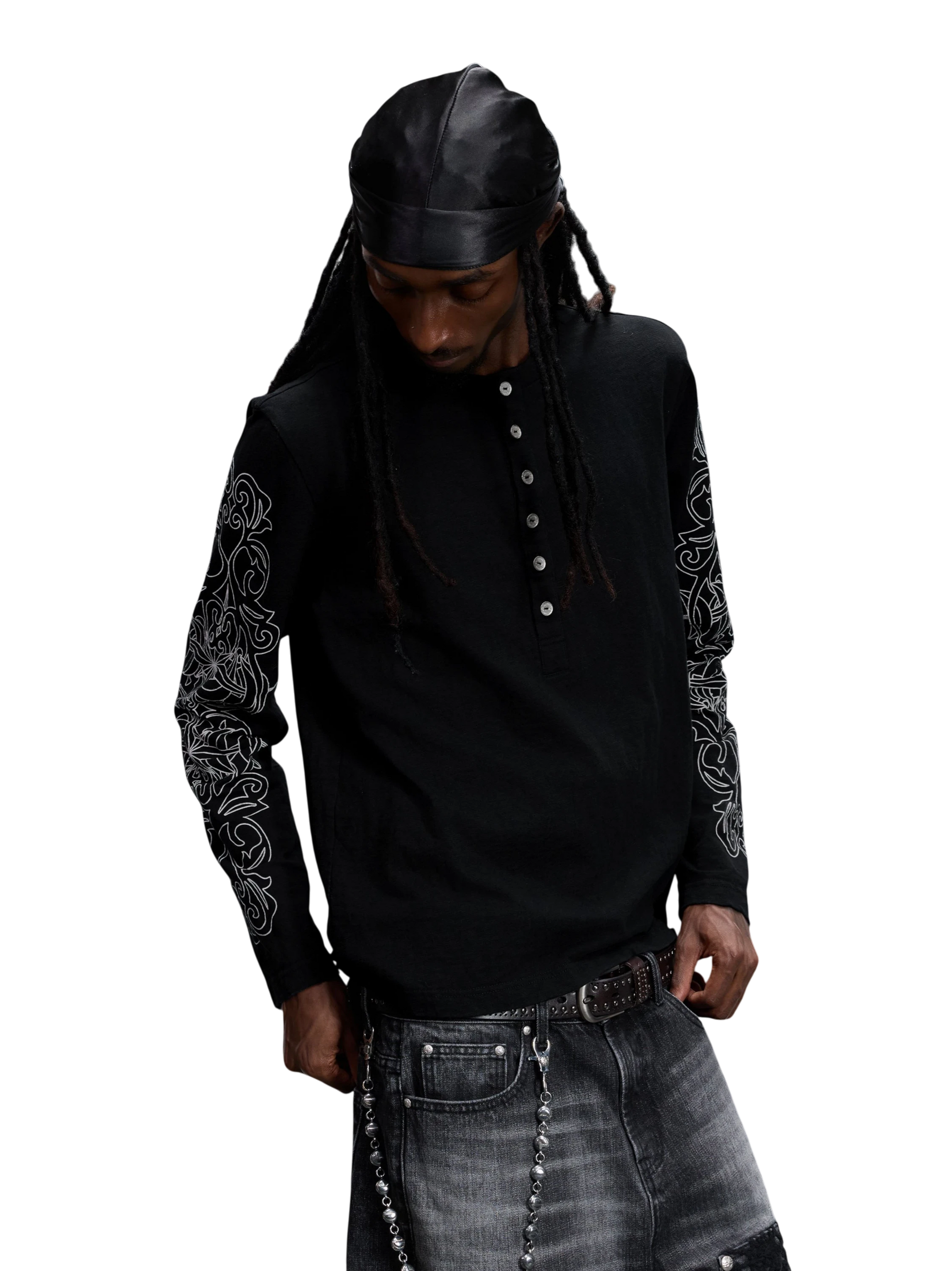 TBHNP Luminous Dawn baroque sleeve-print Henley long sleeve tee with metal buttons — gothic streetwear