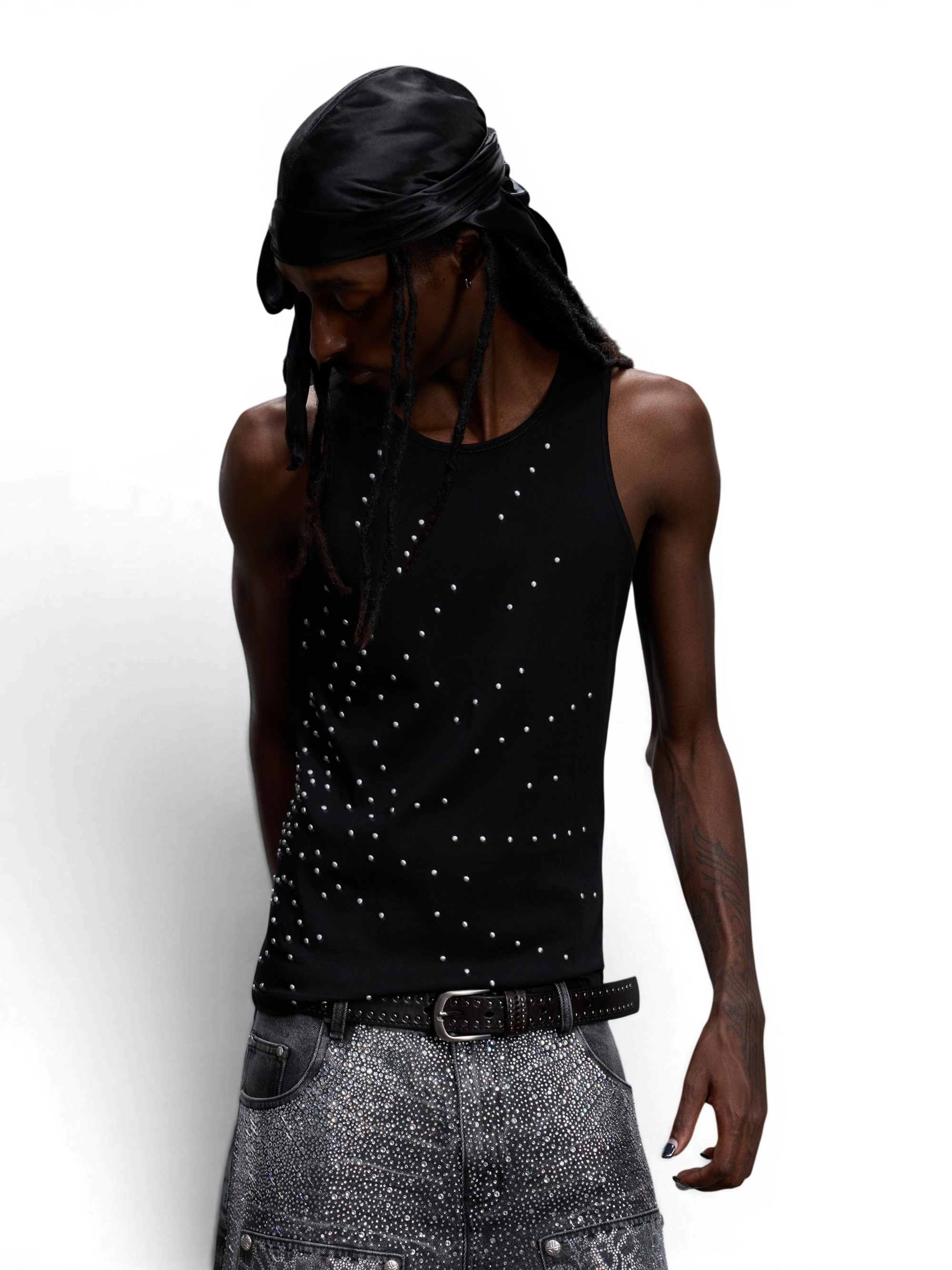 TBHNP Luminous Dawn starburst rhinestone ribbed cotton tank top, black — men's streetwear sleeveless tee