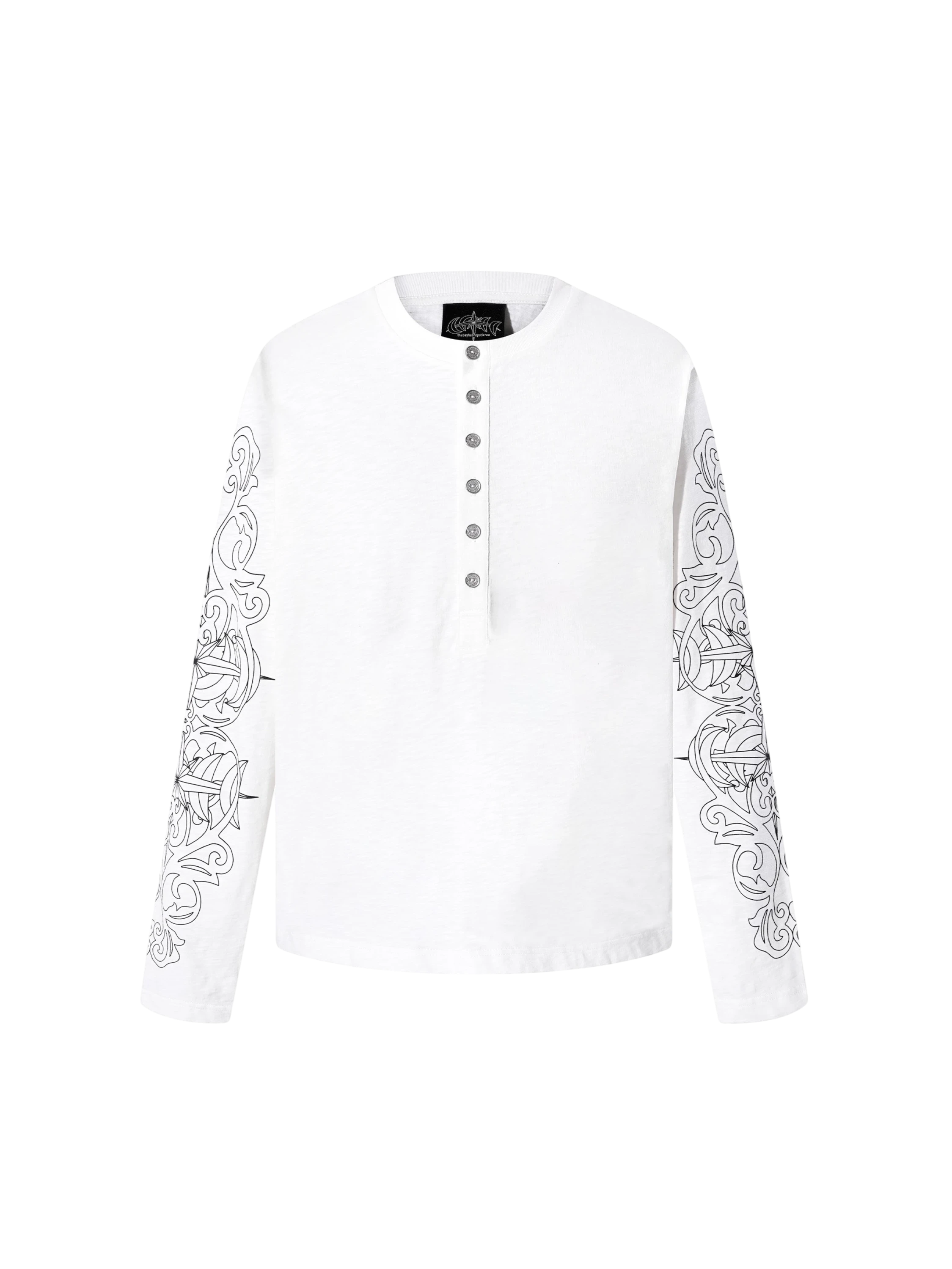 TBHNP Luminous Dawn baroque sleeve-print Henley long sleeve tee with metal buttons — gothic streetwear
