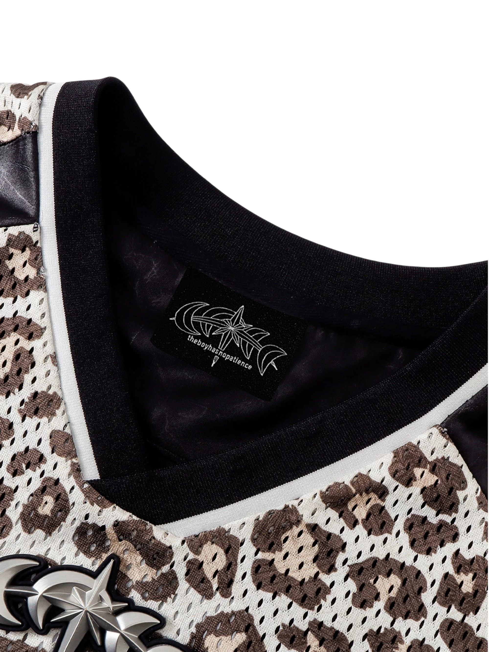 TBHNP Luminous Dawn leopard patchwork rugby shirt with double-headed eagle graphic — men's streetwear top
