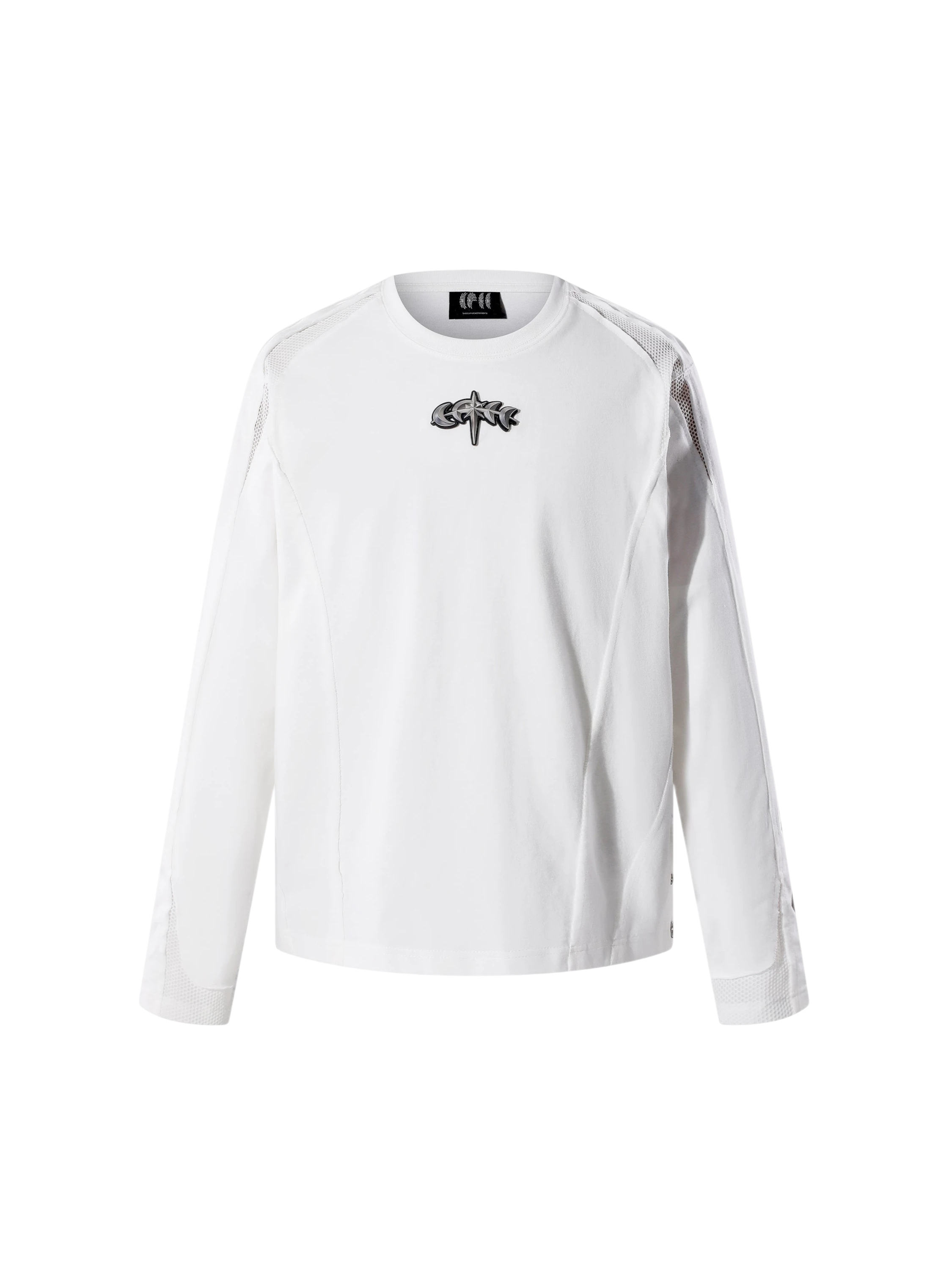 TBHNP Luminous Dawn sculpted mesh-panel long sleeve tee with metallic astral emblem — gothic streetwear