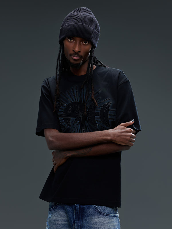 LUMINOUS DAWN STAR EMBROIDERY PATCH&RHINESTONE S/S TEE