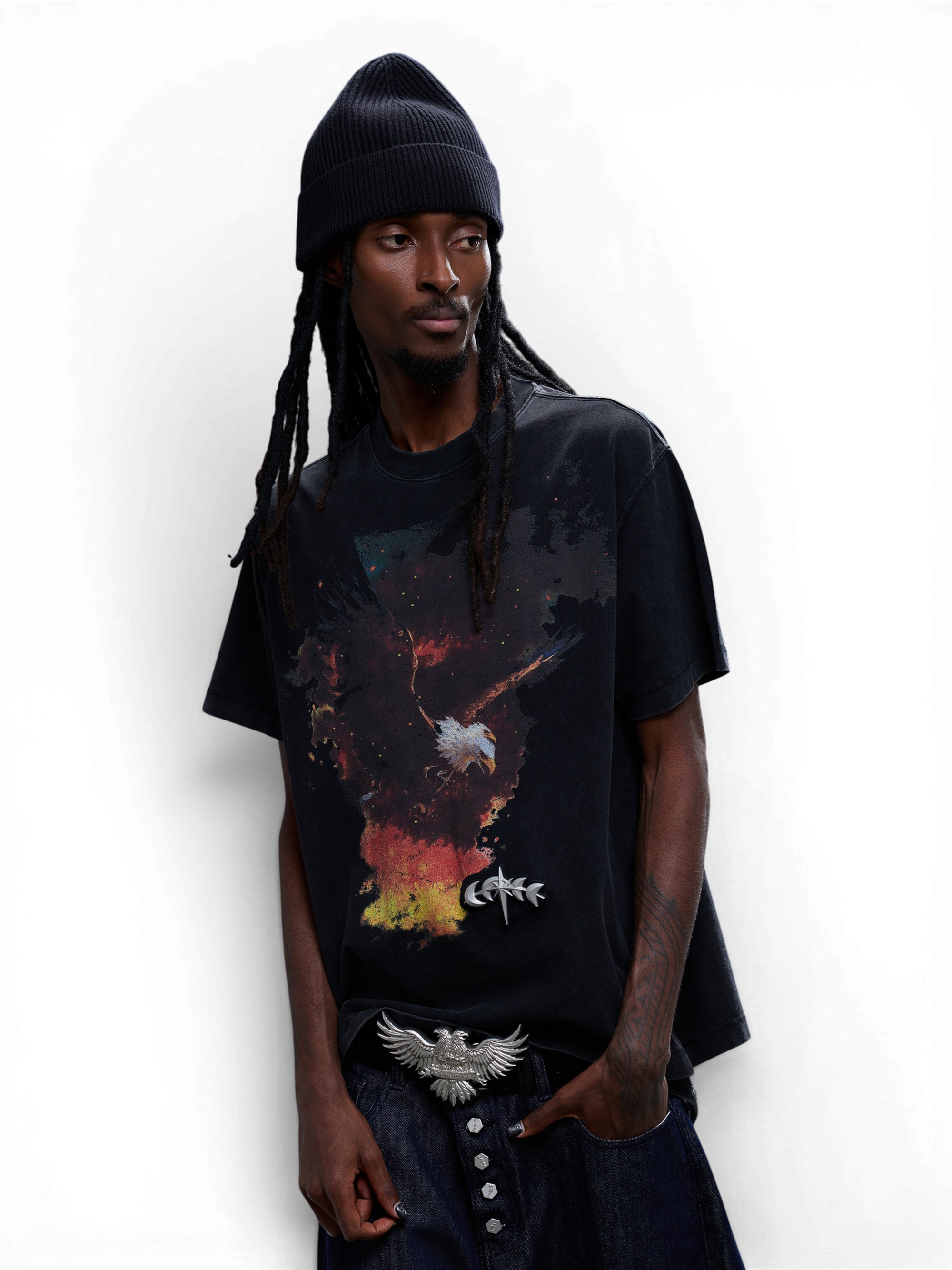 TBHNP Luminous Dawn double-headed eagle washed cotton t-shirt, black — men's streetwear graphic tee