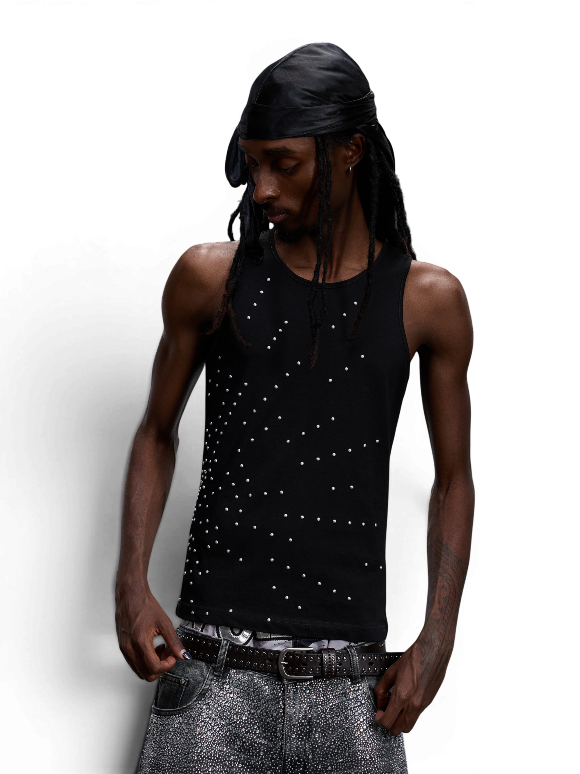 TBHNP Luminous Dawn starburst rhinestone ribbed cotton tank top, black — men's streetwear sleeveless tee