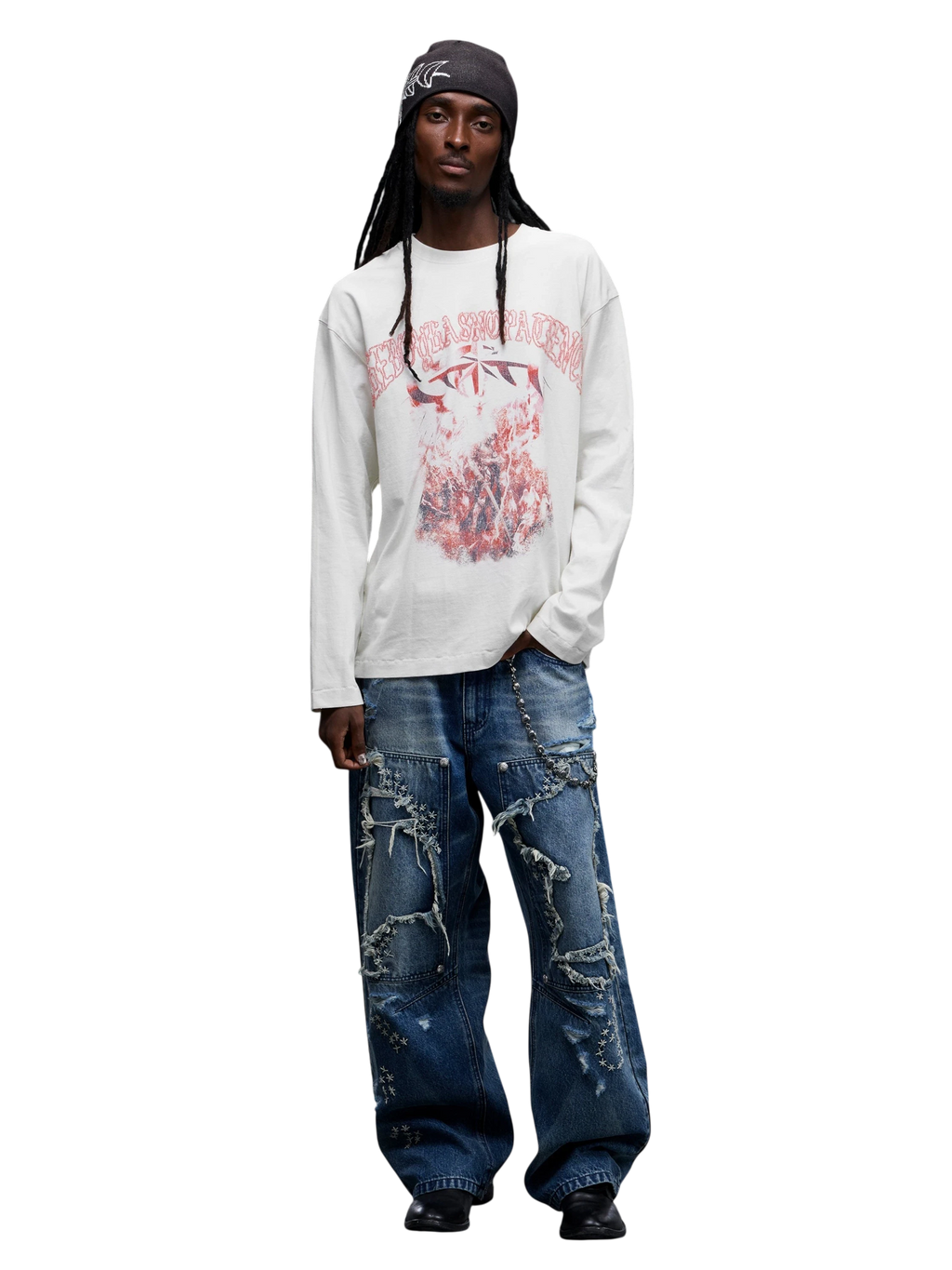 TBHNP Luminous Dawn distressed knight graphic long sleeve tee with bead-embroidered gothic lettering