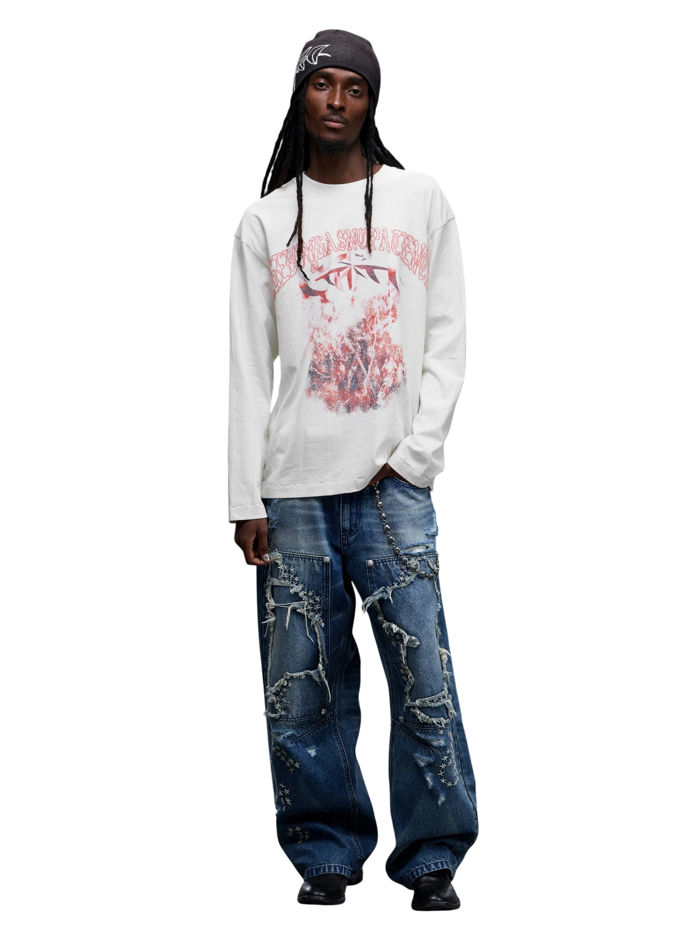 TBHNP Luminous Dawn distressed knight graphic long sleeve tee with bead-embroidered gothic lettering