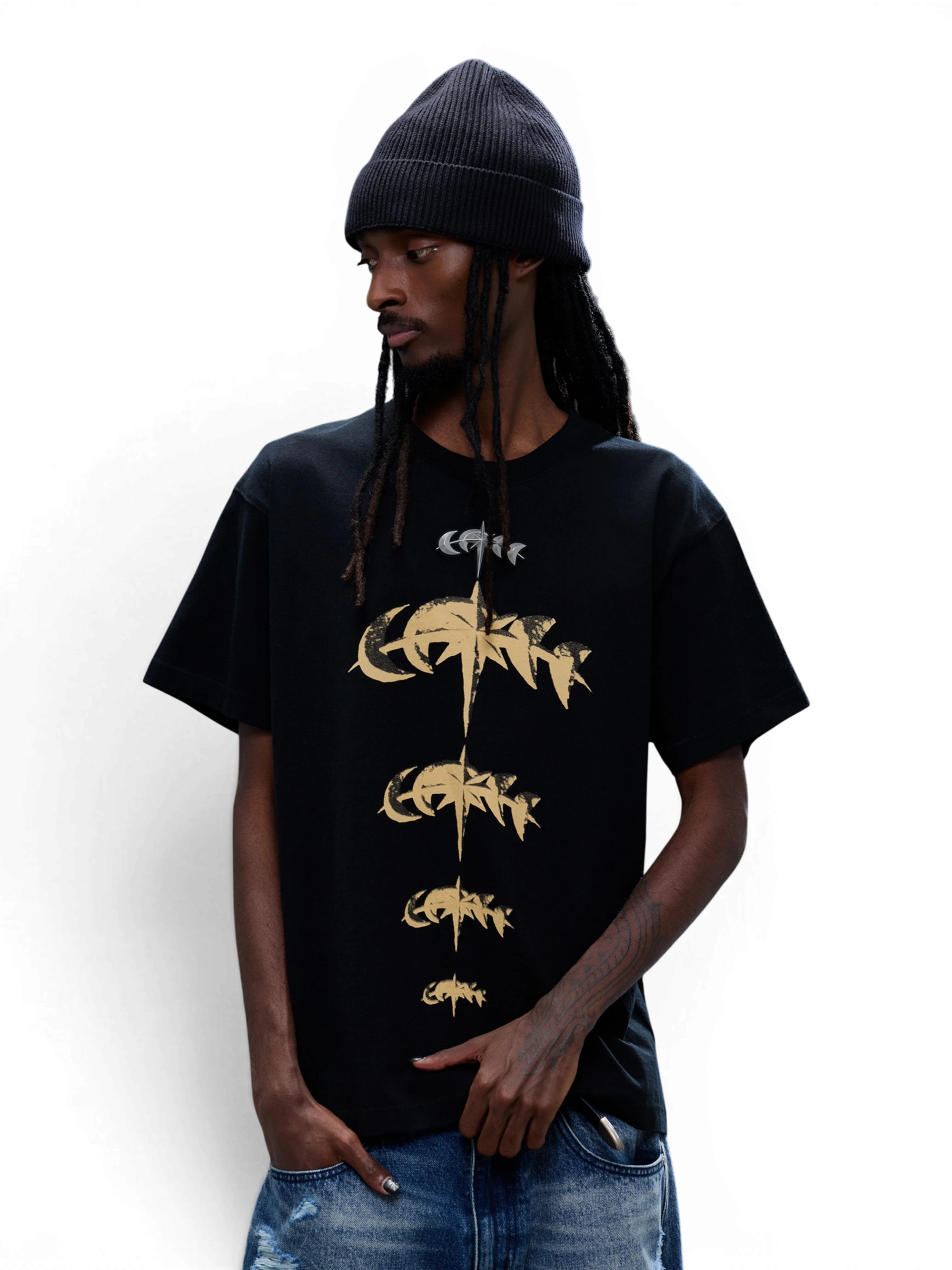 TBHNP Luminous Dawn faded gold print cotton t-shirt, black — men's streetwear graphic tee
