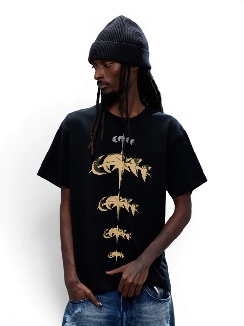 TBHNP Luminous Dawn faded gold print cotton t-shirt, black — men's streetwear graphic tee
