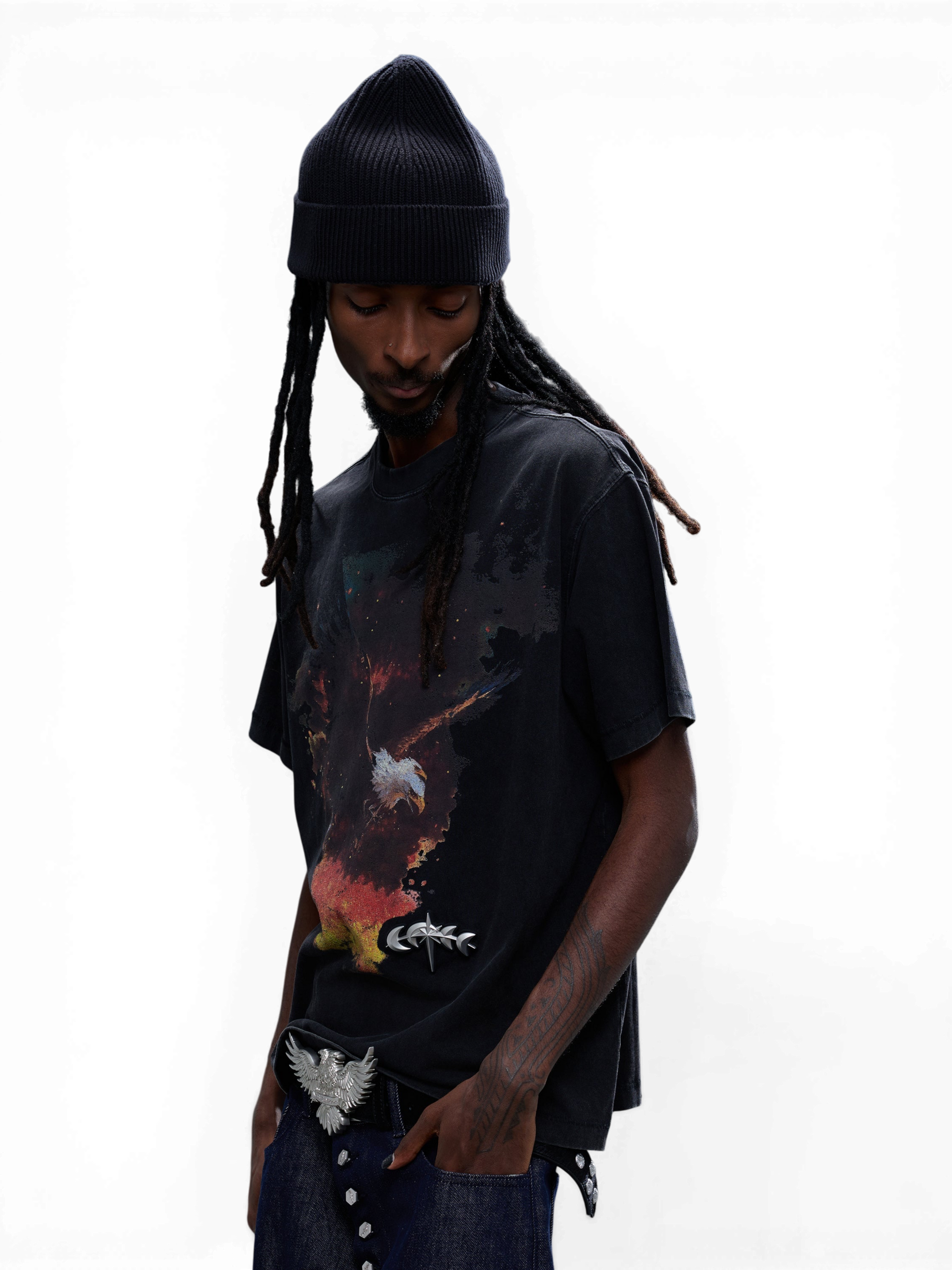 TBHNP Luminous Dawn double-headed eagle washed cotton t-shirt, black — men's streetwear graphic tee