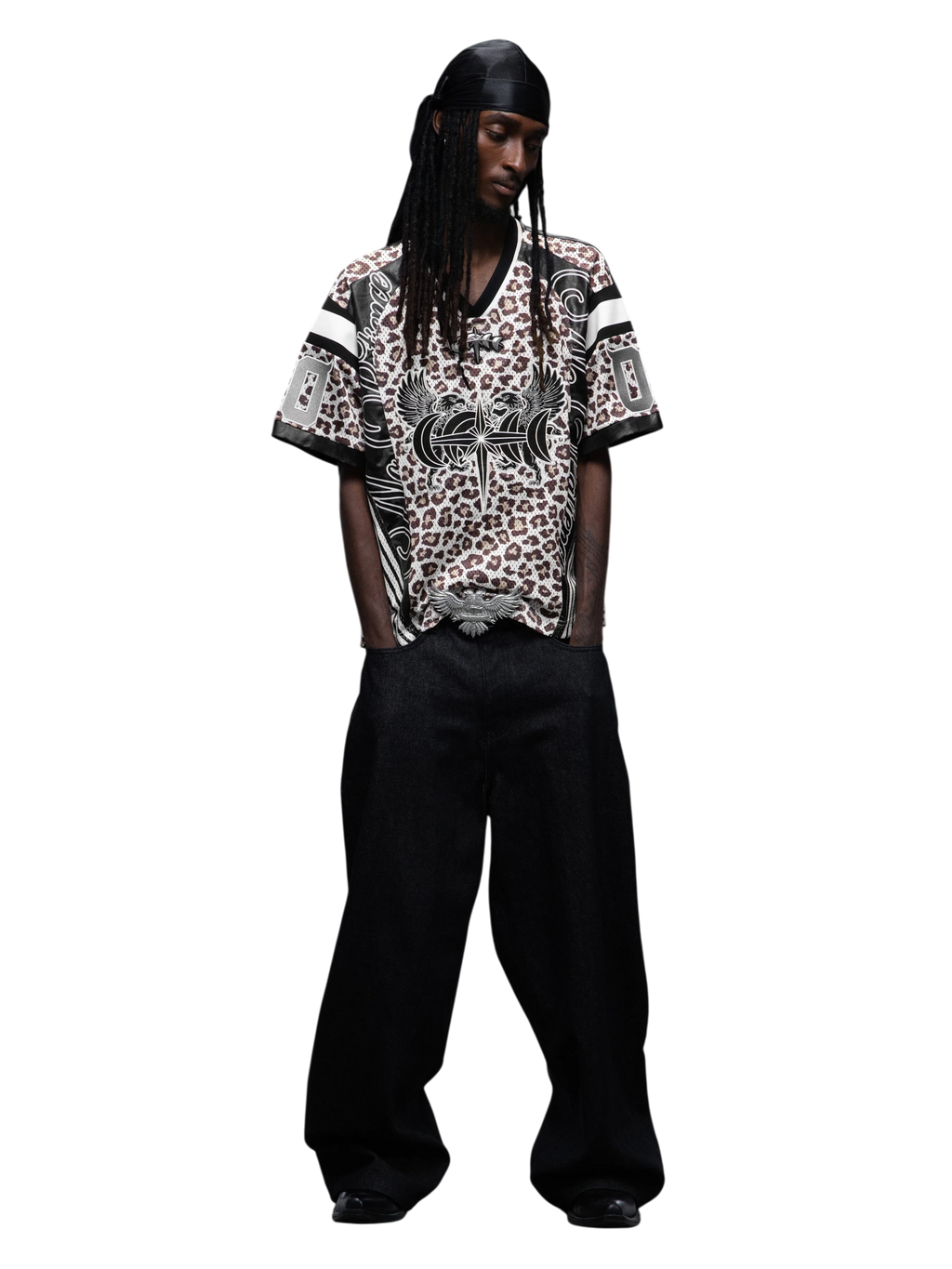 TBHNP Luminous Dawn leopard patchwork rugby shirt with double-headed eagle graphic — men's streetwear top