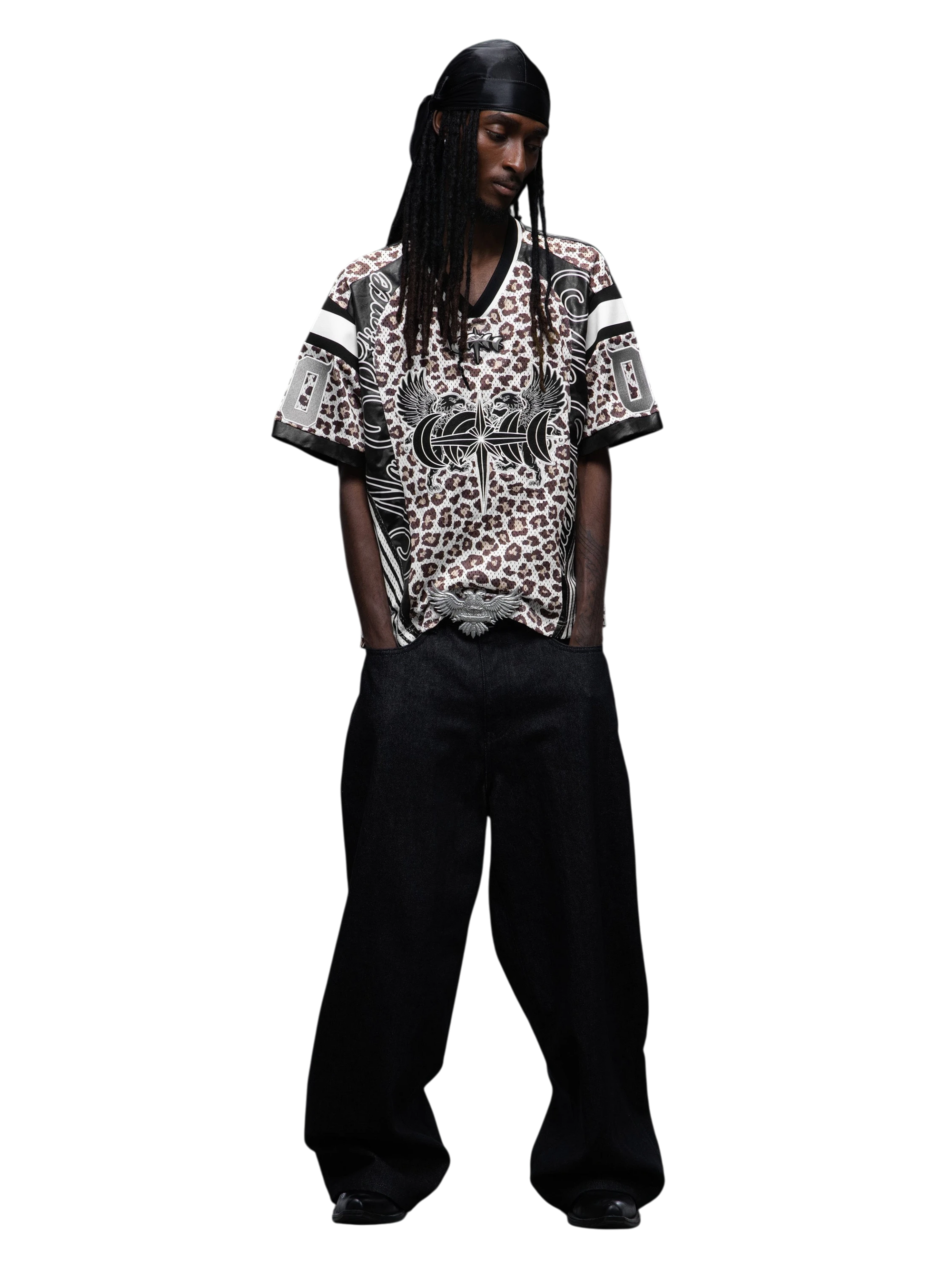 TBHNP Luminous Dawn leopard patchwork rugby shirt with double-headed eagle graphic — men's streetwear top