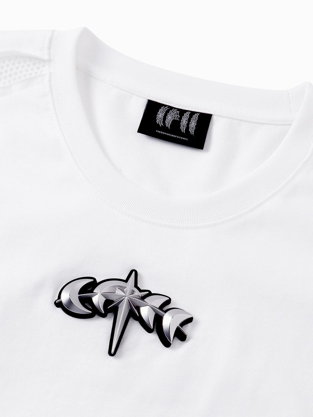 TBHNP Luminous Dawn sculpted mesh-panel long sleeve tee with metallic astral emblem — gothic streetwear
