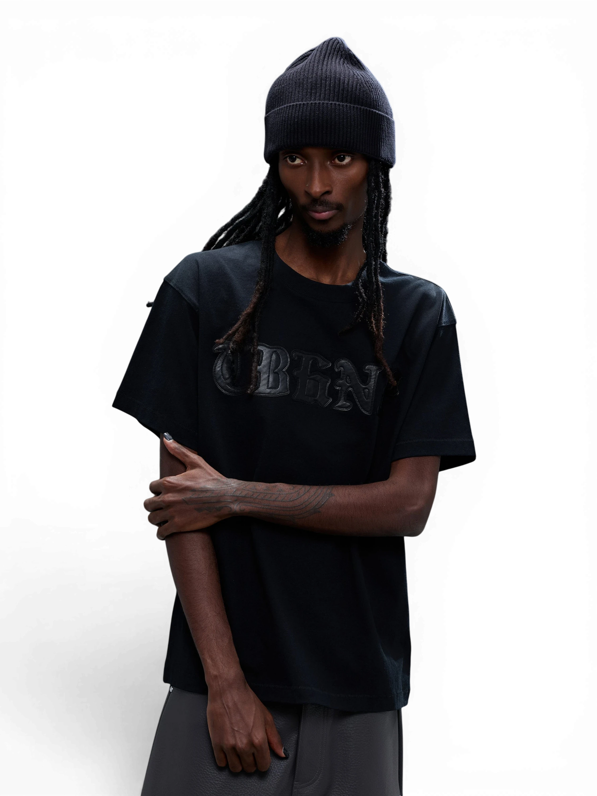 TBHNP Luminous Dawn leather patch logo cotton t-shirt, black — men's streetwear tee