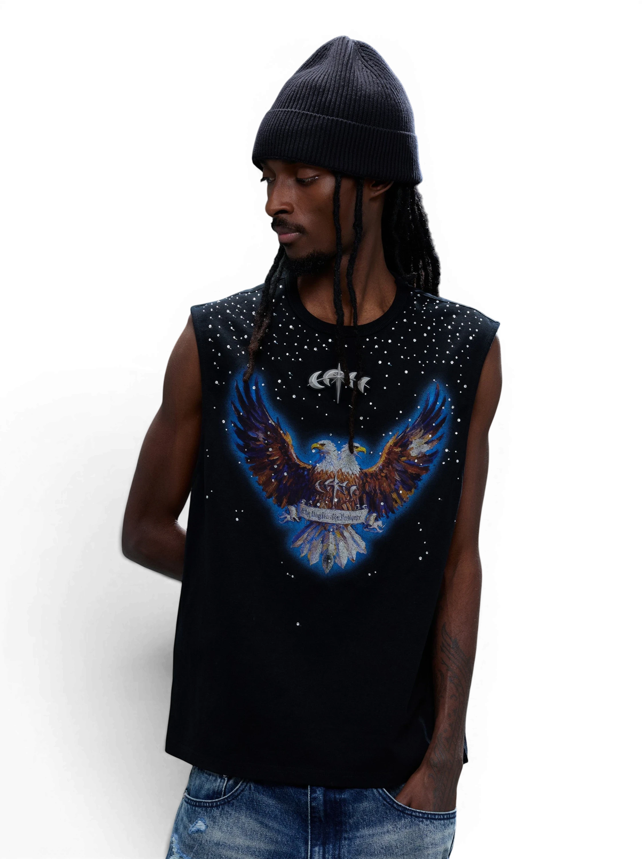 TBHNP Luminous Dawn double-headed eagle rhinestone cotton tank top, black — men's streetwear sleeveless tee