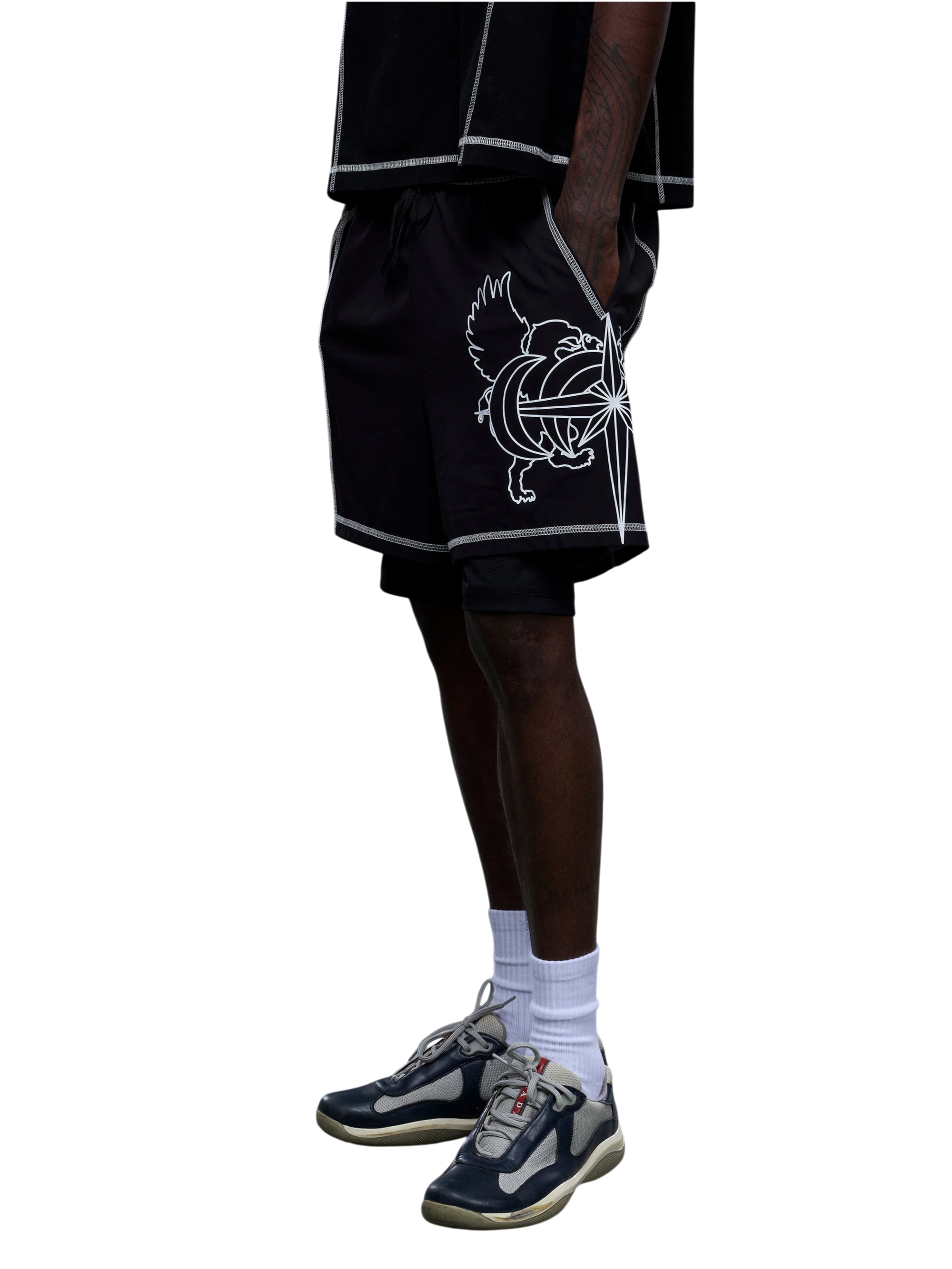 TBHNP Luminous Dawn double-headed eagle layered sports shorts — men's streetwear shorts