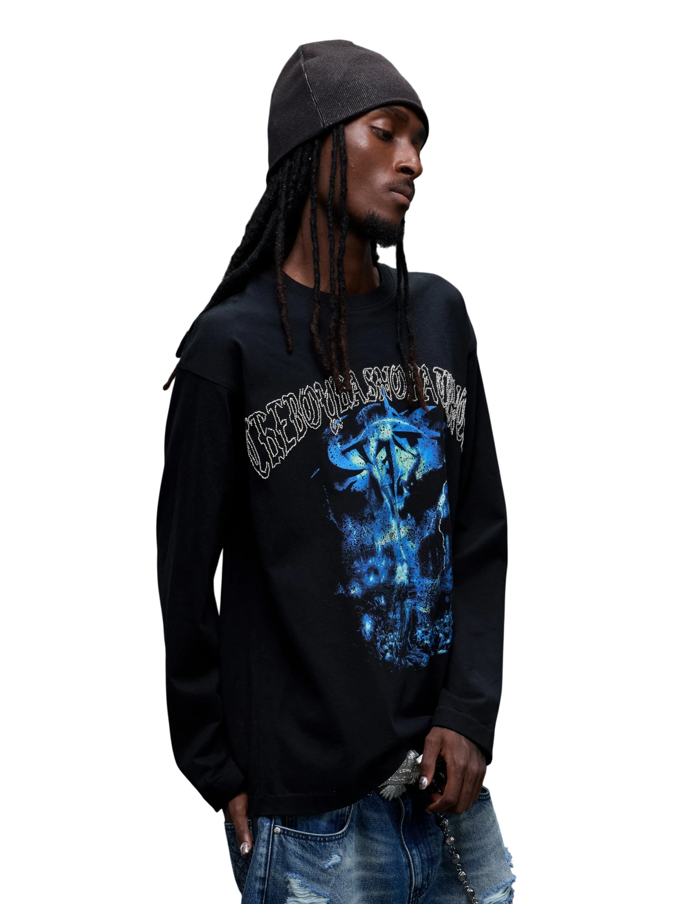 TBHNP Luminous Dawn distressed knight graphic long sleeve tee with bead-embroidered gothic lettering