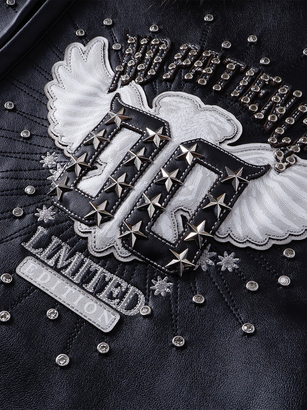 LUMINOUS DAWN RHINESTONE LEATHER PATCH HOODED ZIP JACKET
