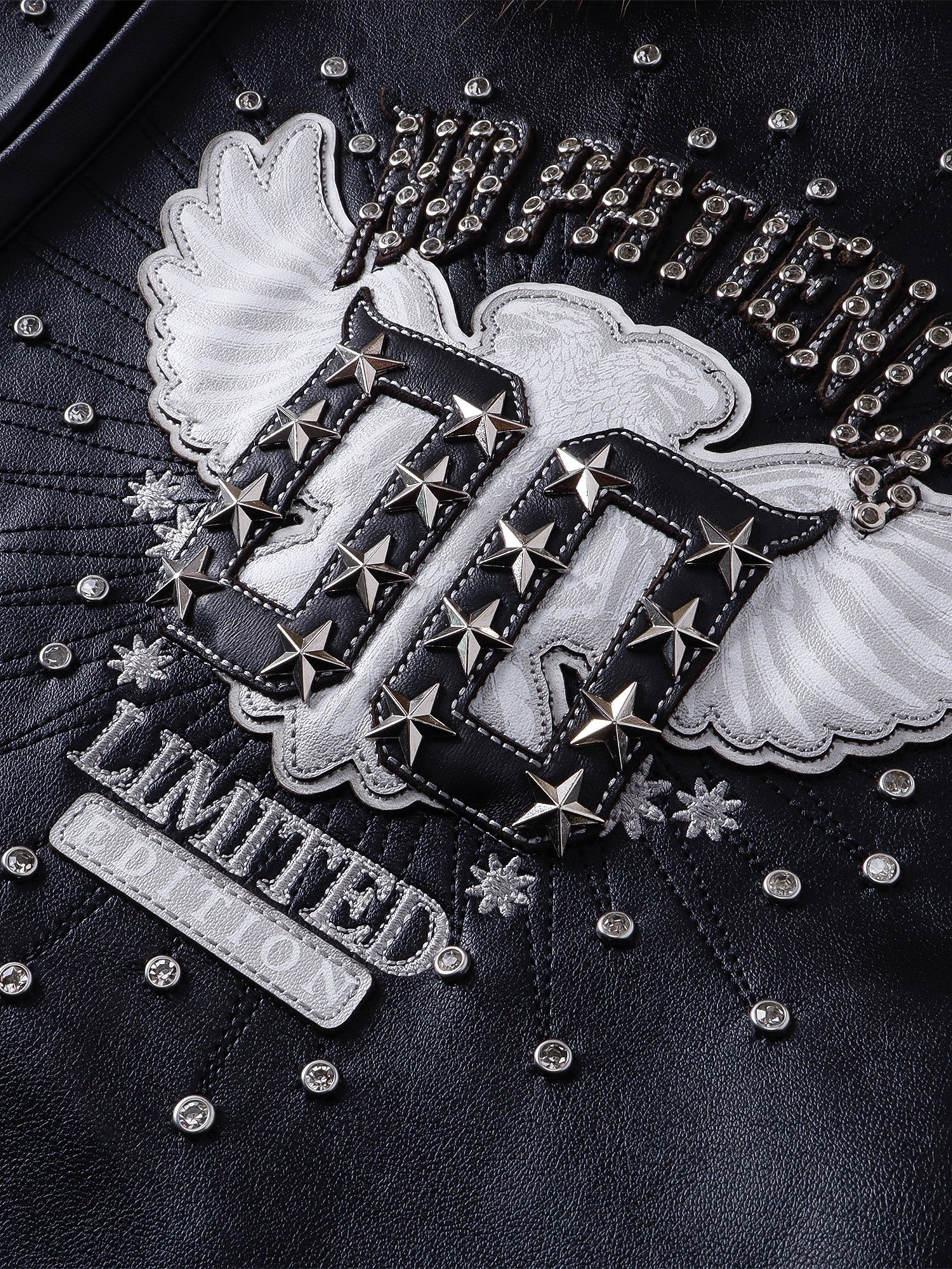 TBHNP Luminous Dawn rhinestone winged fur-hood leather jacket, black — men's gothic streetwear jacket