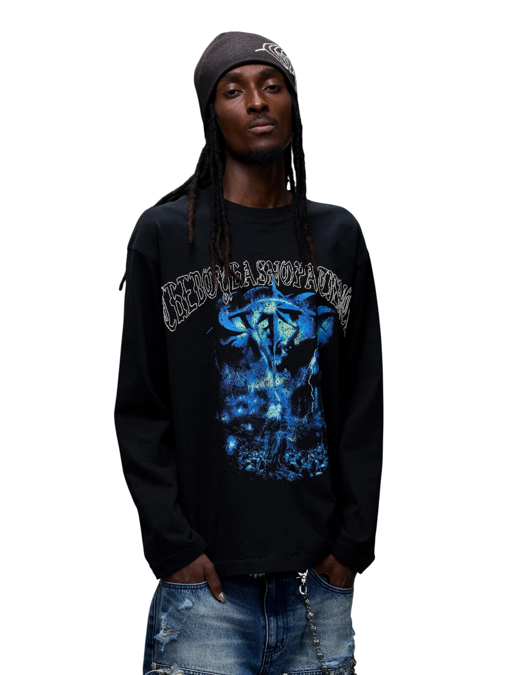TBHNP Luminous Dawn distressed knight graphic long sleeve tee with bead-embroidered gothic lettering