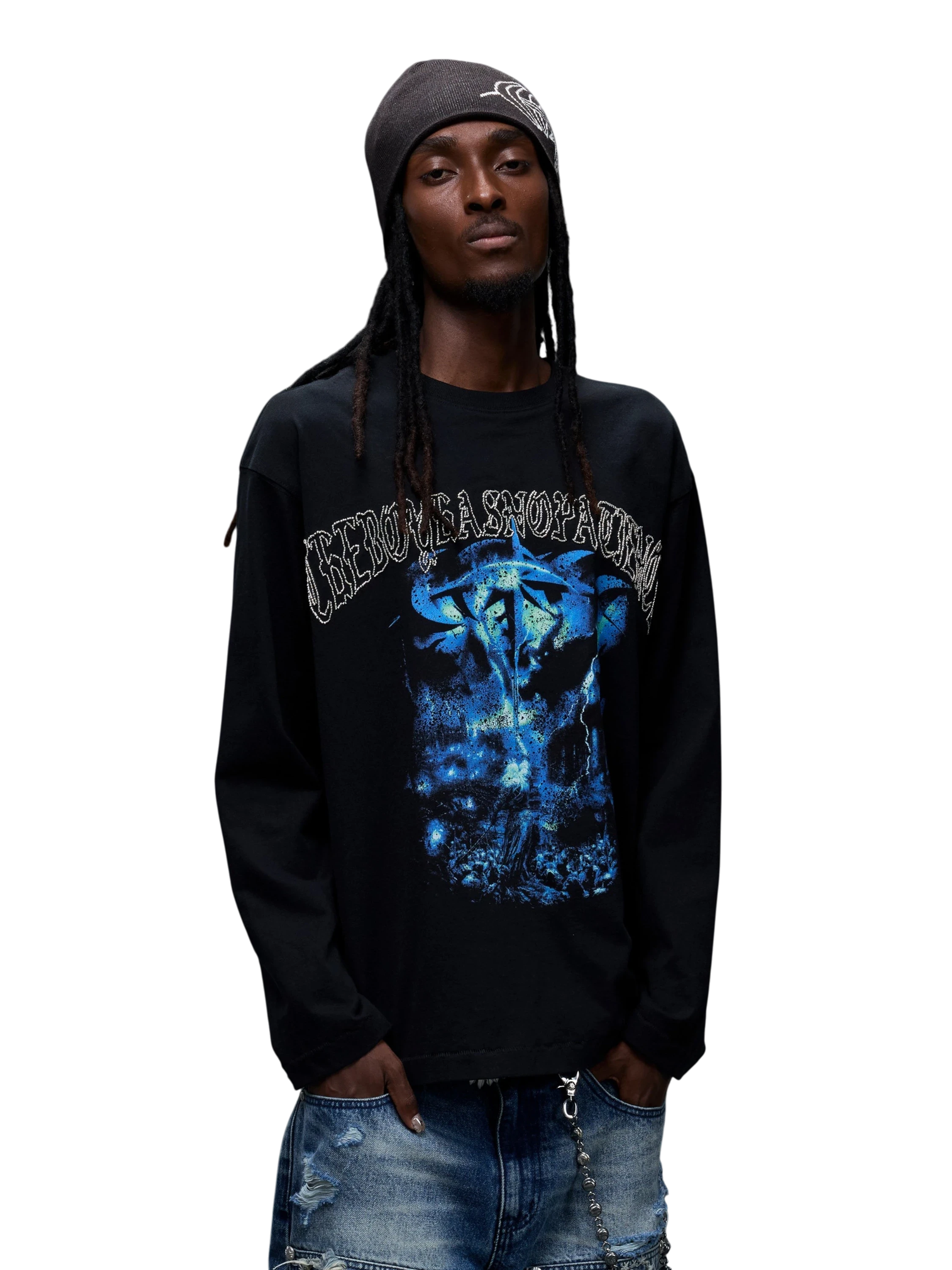 TBHNP Luminous Dawn distressed knight graphic long sleeve tee with bead-embroidered gothic lettering