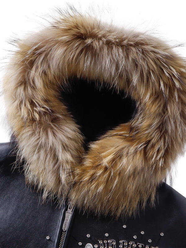 LUMINOUS DAWN RHINESTONE LEATHER PATCH HOODED ZIP JACKET