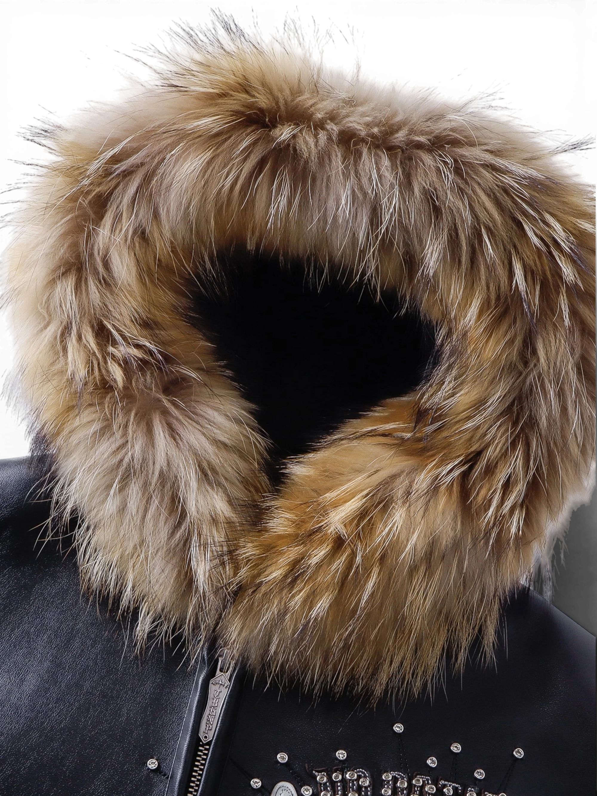 TBHNP Luminous Dawn rhinestone winged fur-hood leather jacket, black — men's gothic streetwear jacket