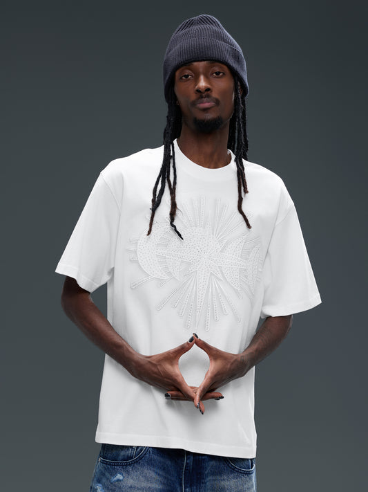 LUMINOUS DAWN STAR EMBROIDERY PATCH&RHINESTONE S/S TEE