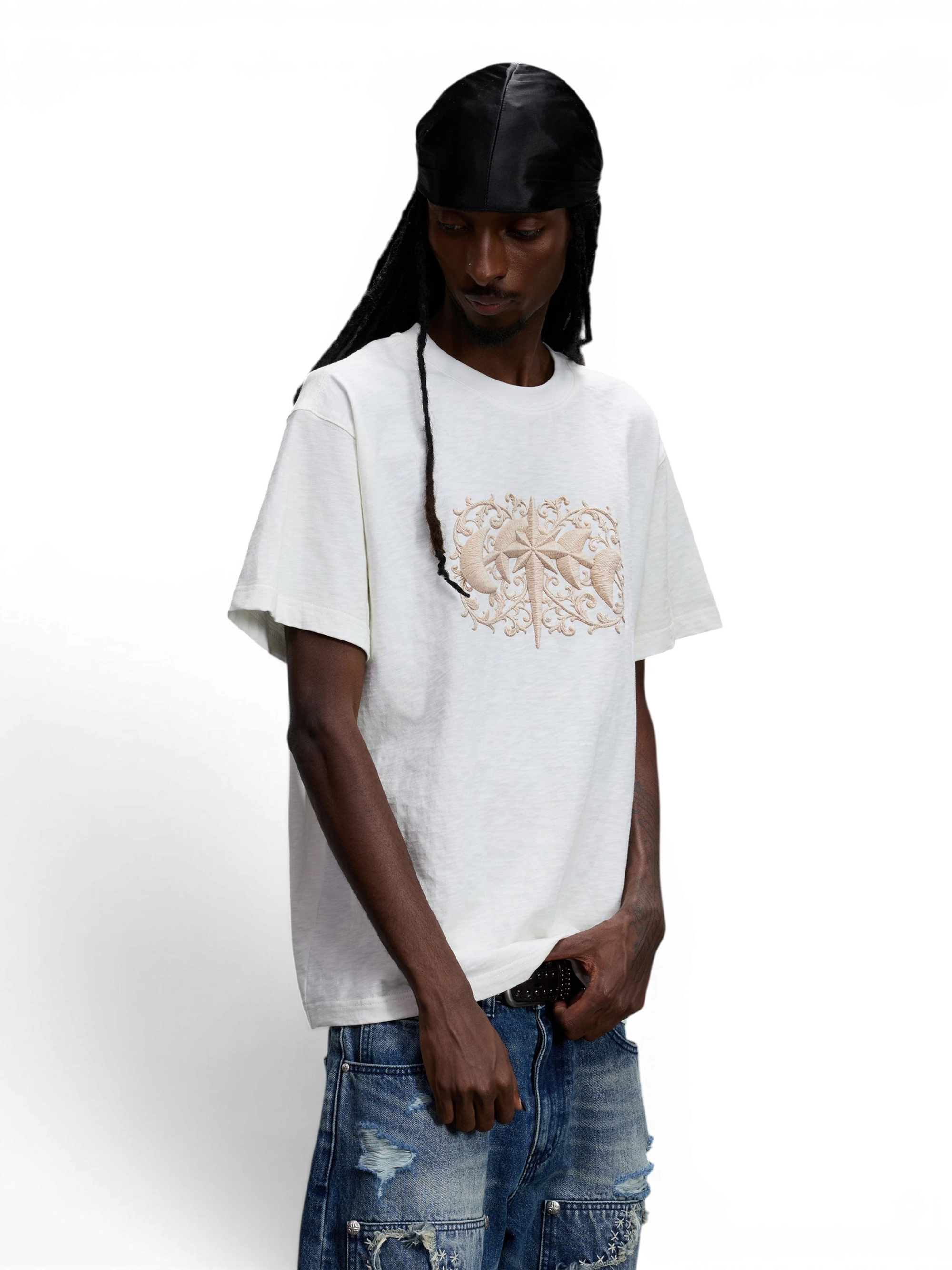 TBHNP Luminous Dawn baroque embroidered cotton t-shirt — men's streetwear graphic tee