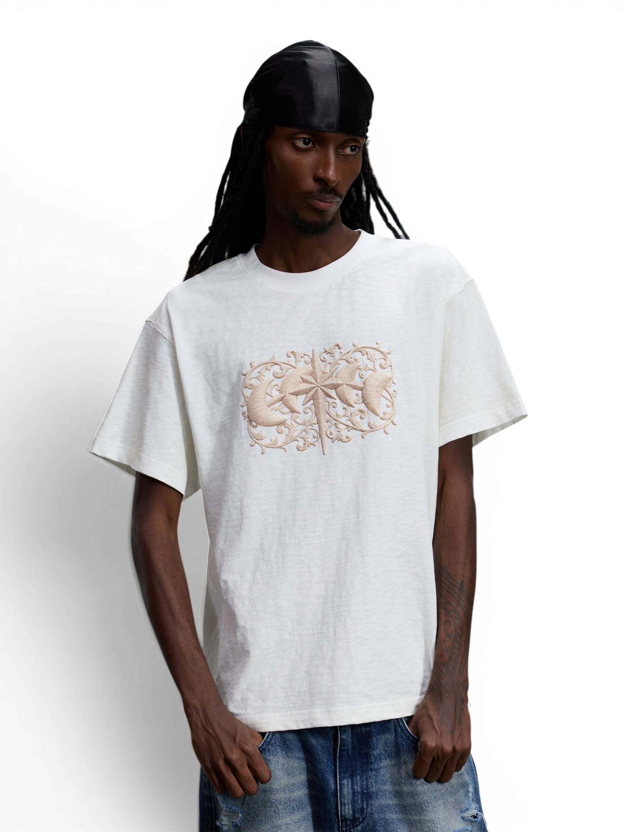 TBHNP Luminous Dawn baroque embroidered cotton t-shirt — men's streetwear graphic tee