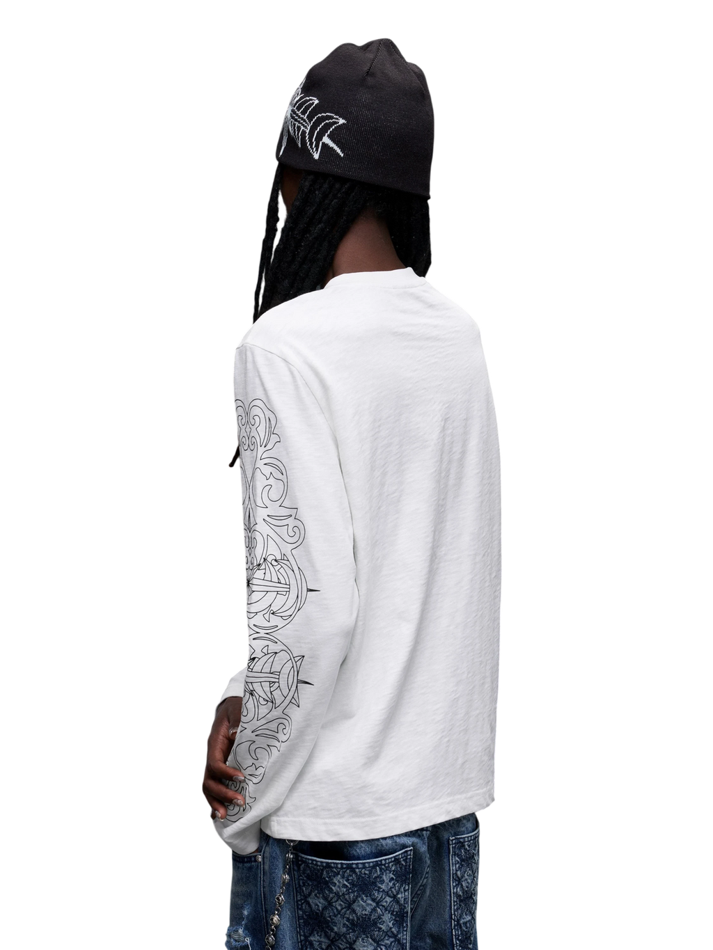 TBHNP Luminous Dawn baroque sleeve-print Henley long sleeve tee with metal buttons — gothic streetwear