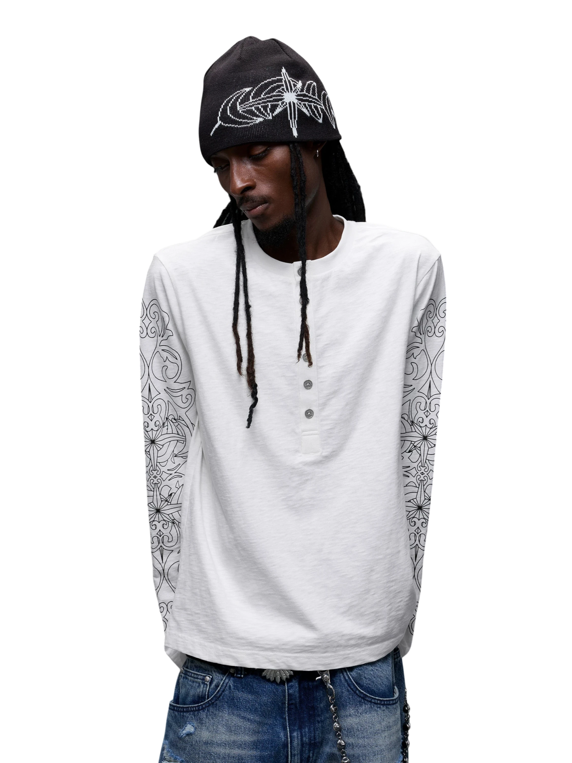 TBHNP Luminous Dawn baroque sleeve-print Henley long sleeve tee with metal buttons — gothic streetwear