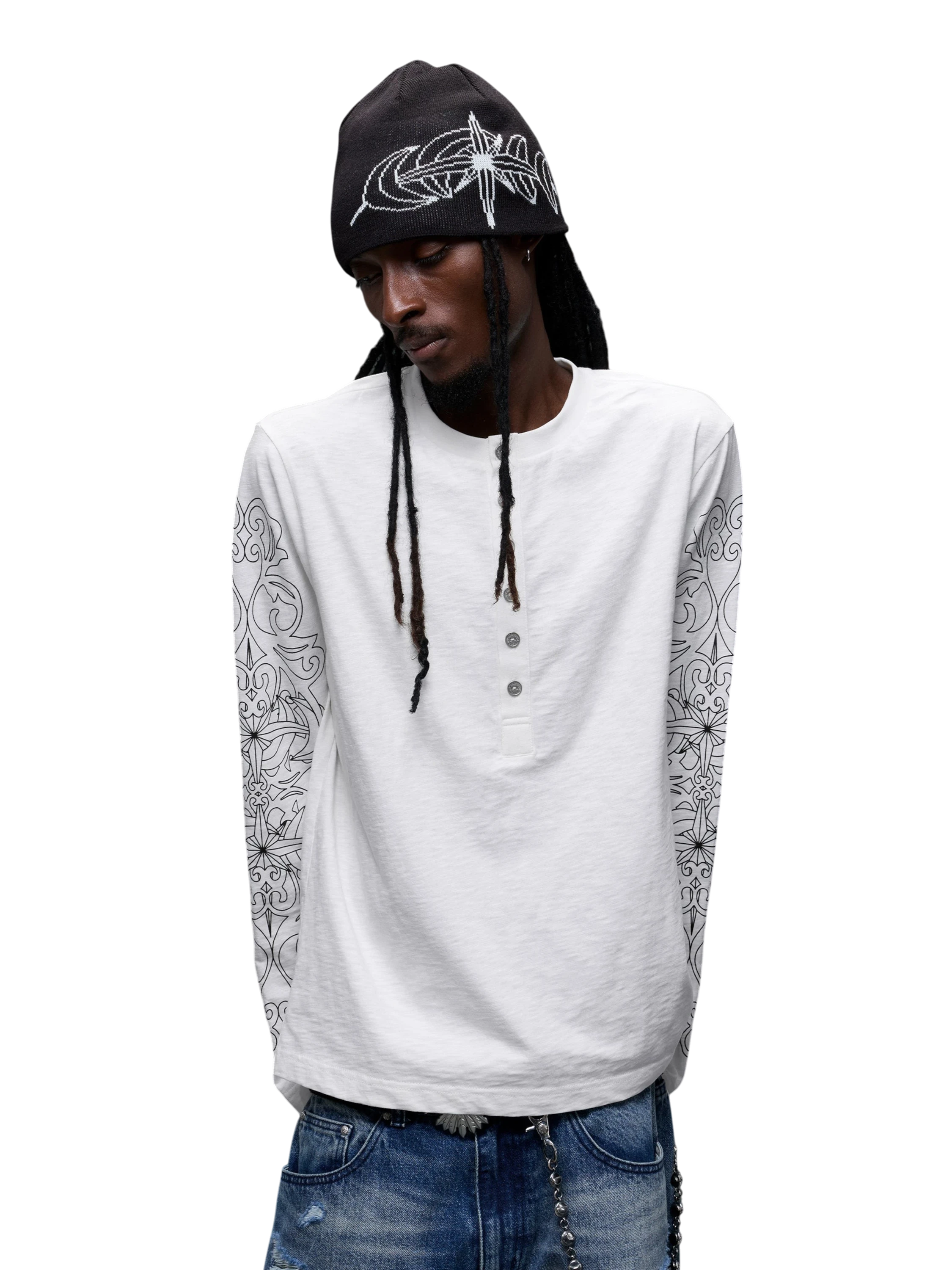 TBHNP Luminous Dawn baroque sleeve-print Henley long sleeve tee with metal buttons — gothic streetwear