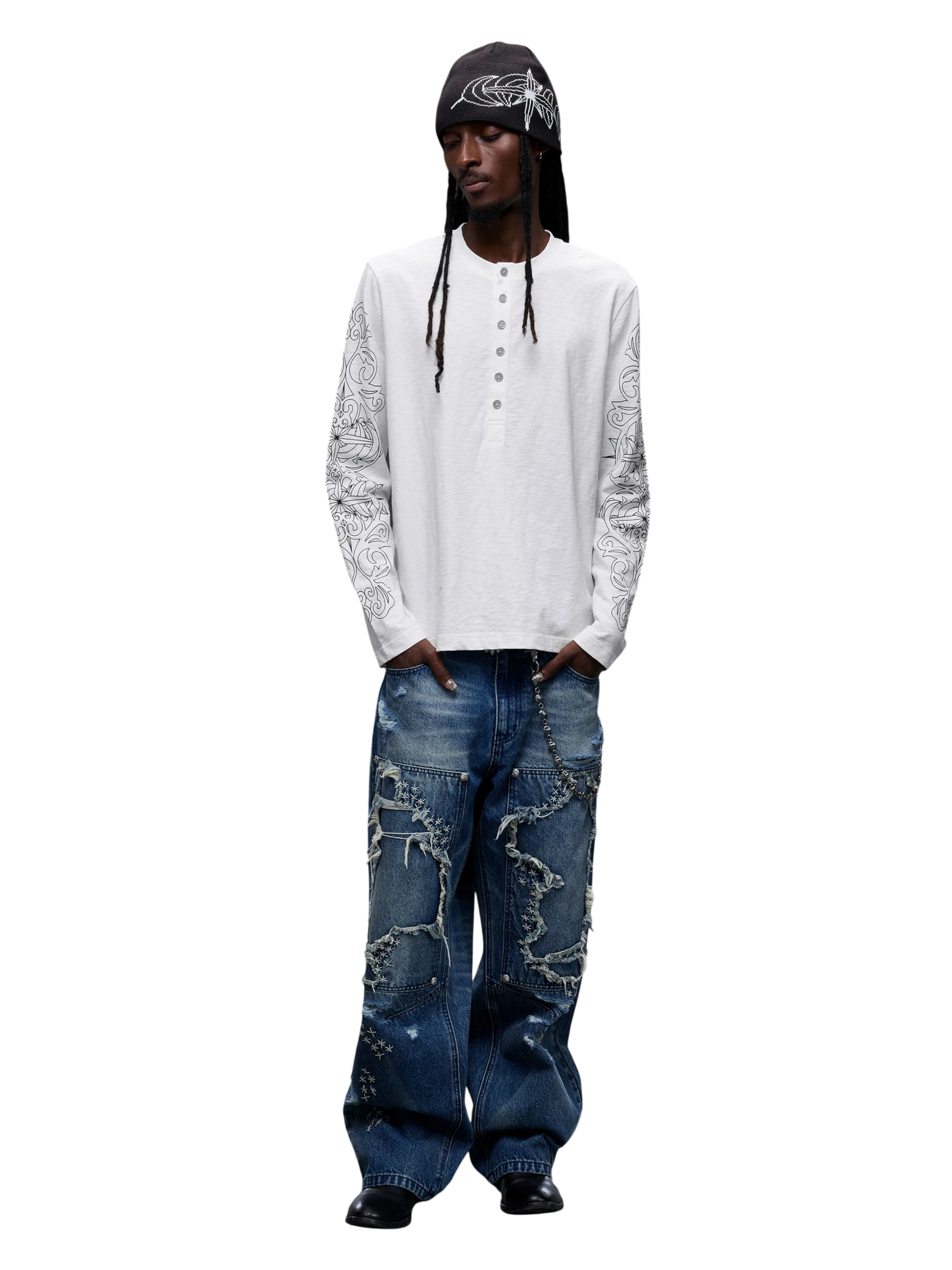TBHNP Luminous Dawn baroque sleeve-print Henley long sleeve tee with metal buttons — gothic streetwear