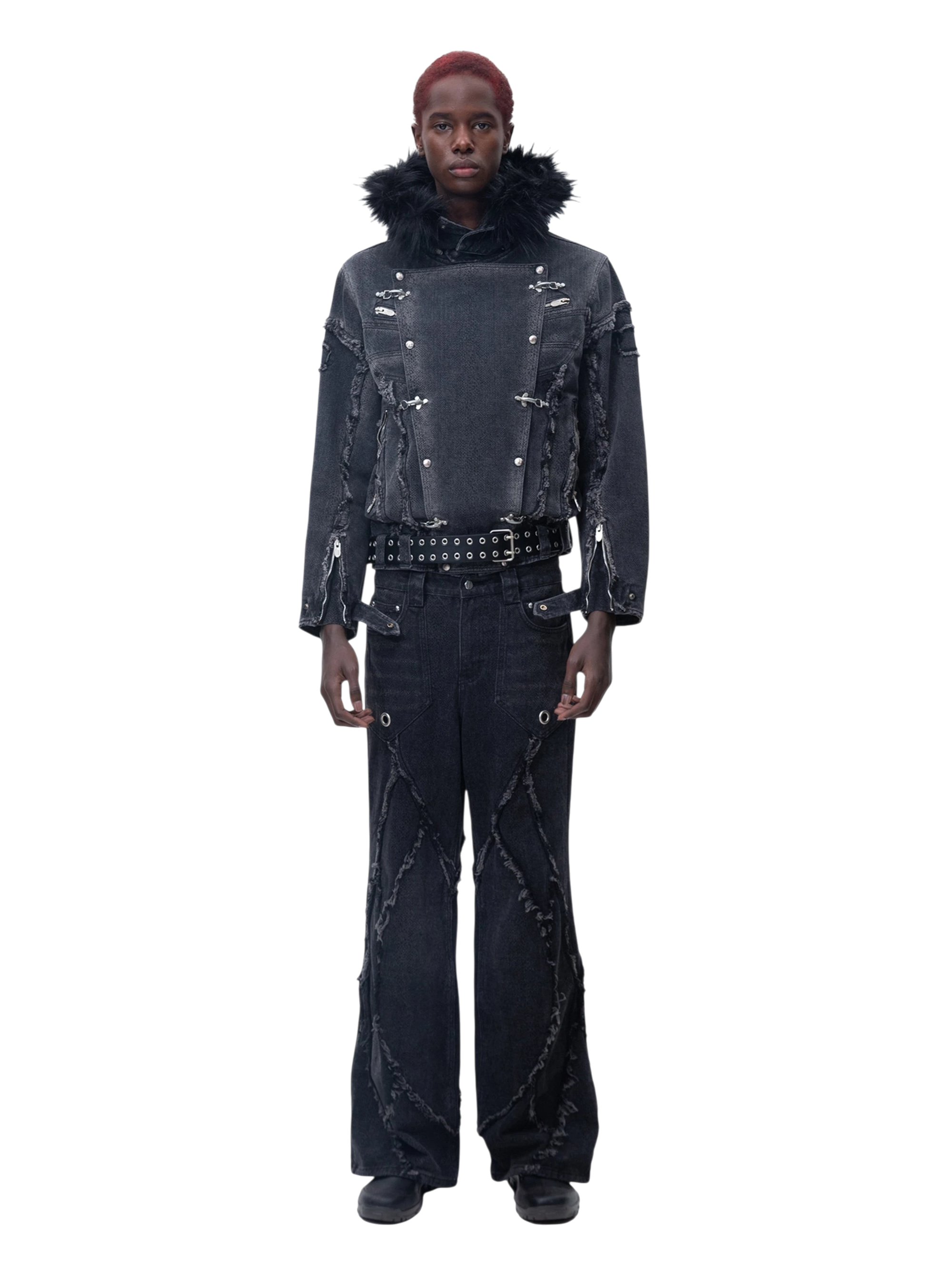TBHNP Eclipse of the Blood Moon cobra print fur-hood moto jacket, black — men's streetwear jacket