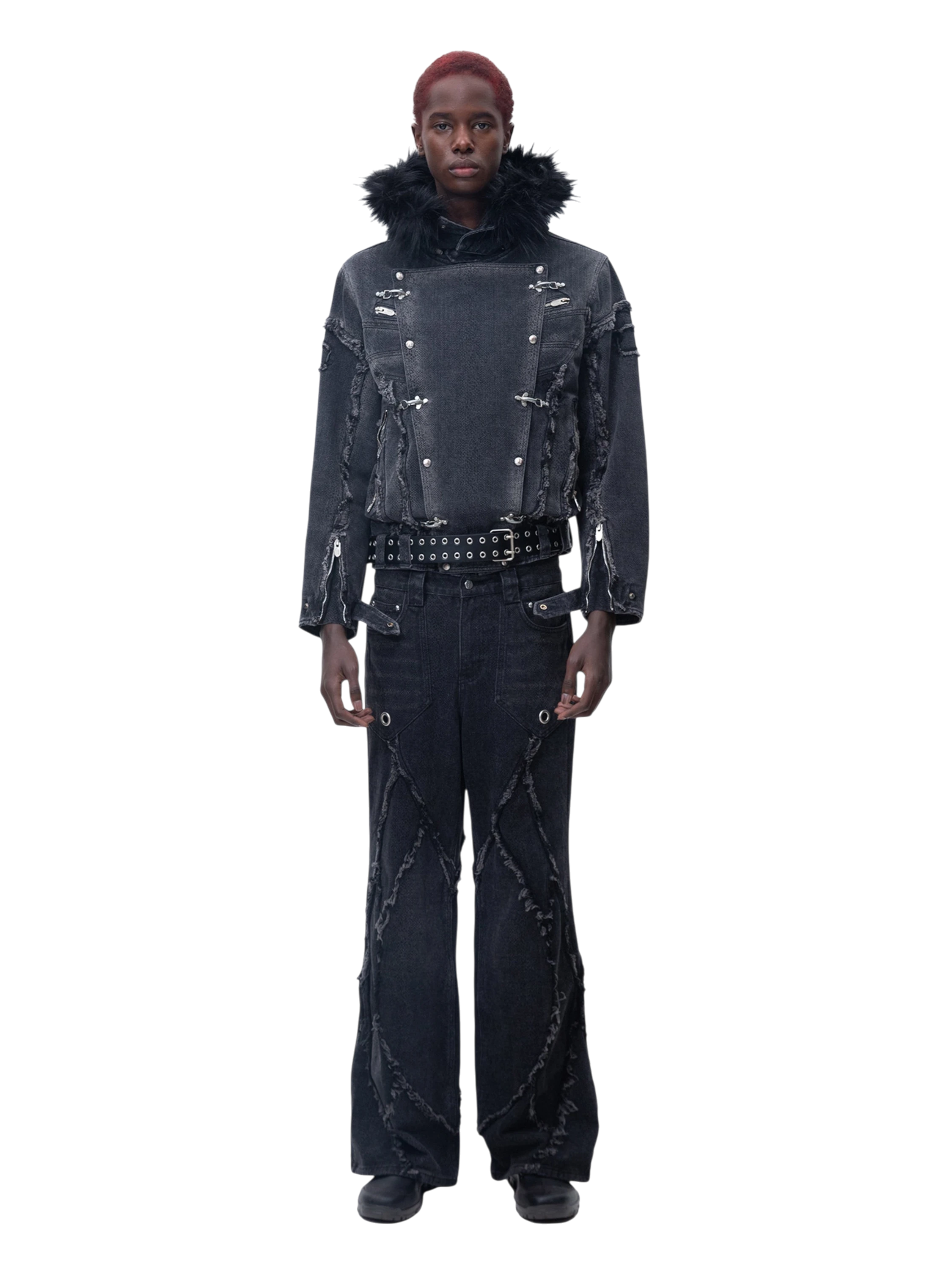 TBHNP Eclipse of the Blood Moon cobra print fur-hood moto jacket, black — men's streetwear jacket