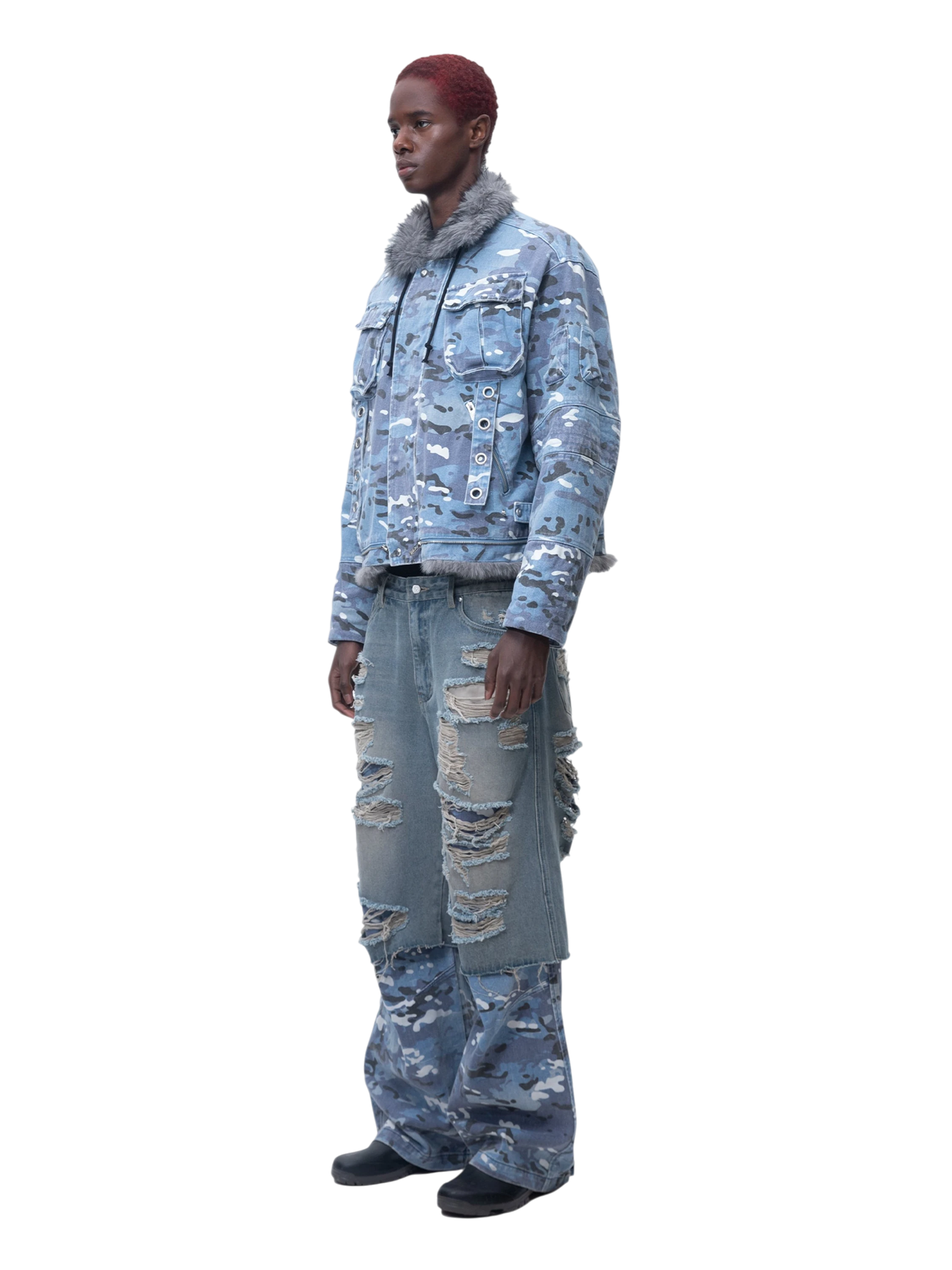 TBHNP Eclipse of the Blood Moon blue camo padded fur-collar jacket — men's streetwear jacket