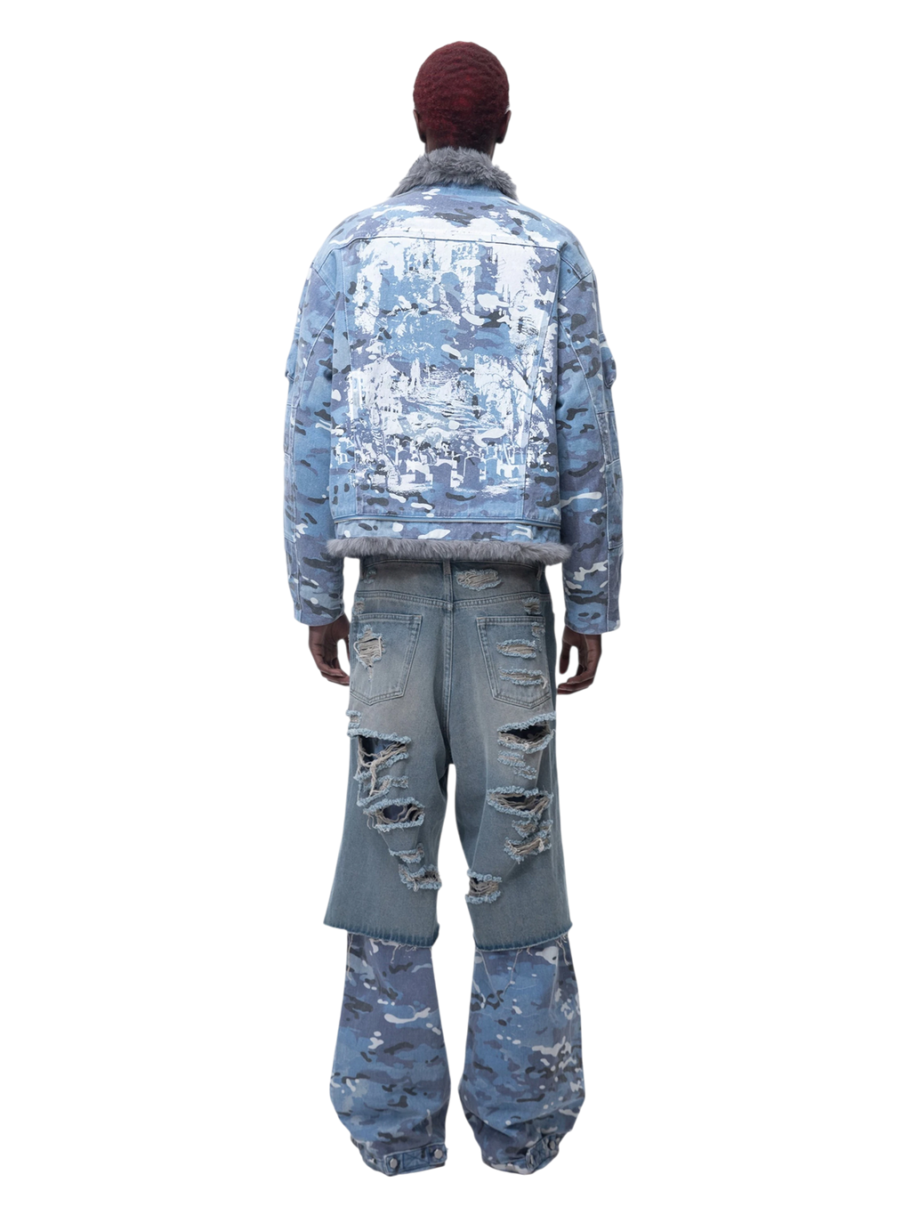 TBHNP Eclipse of the Blood Moon blue camo padded fur-collar jacket — men's streetwear jacket