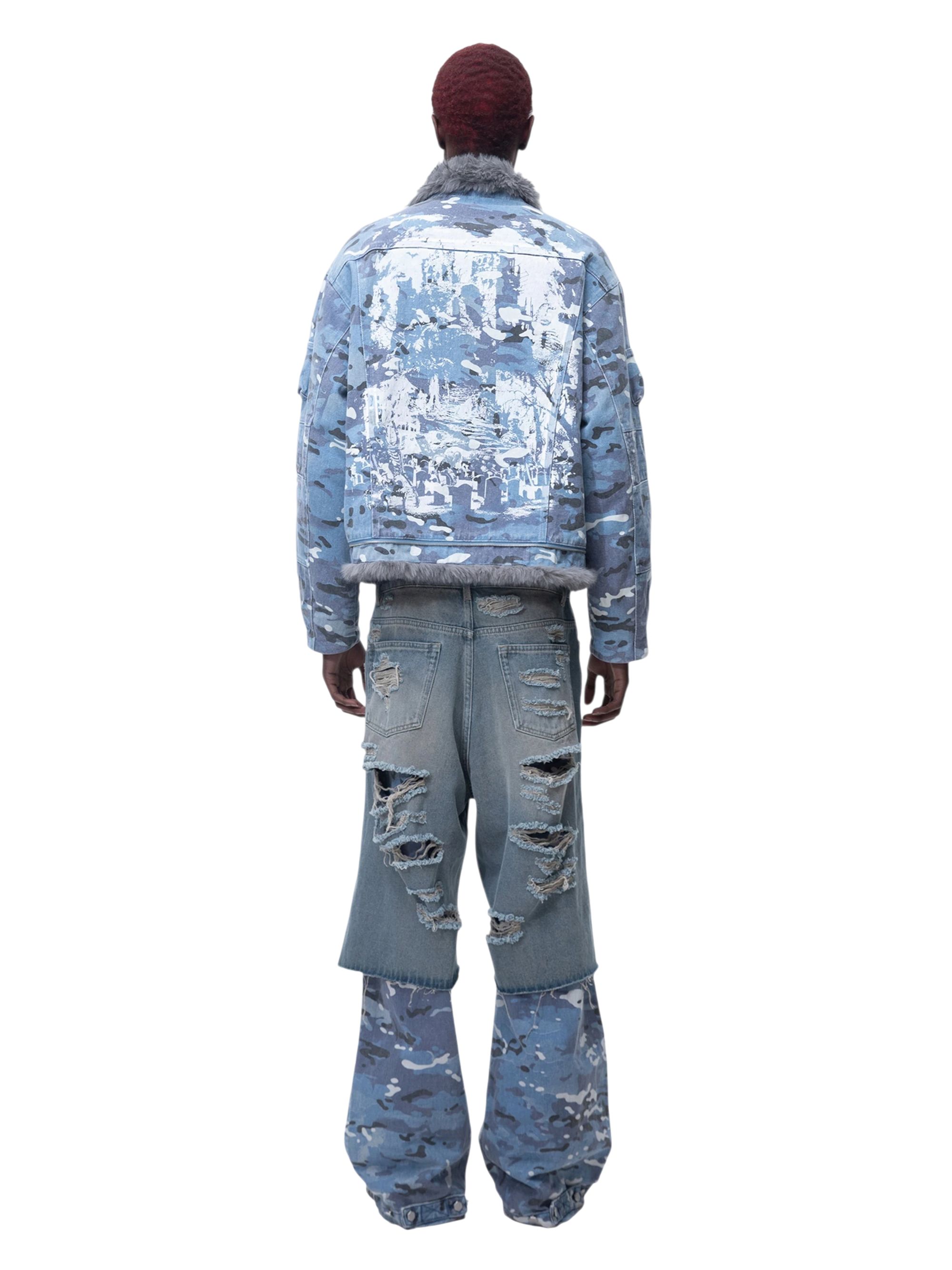 TBHNP Eclipse of the Blood Moon blue camo padded fur-collar jacket — men's streetwear jacket