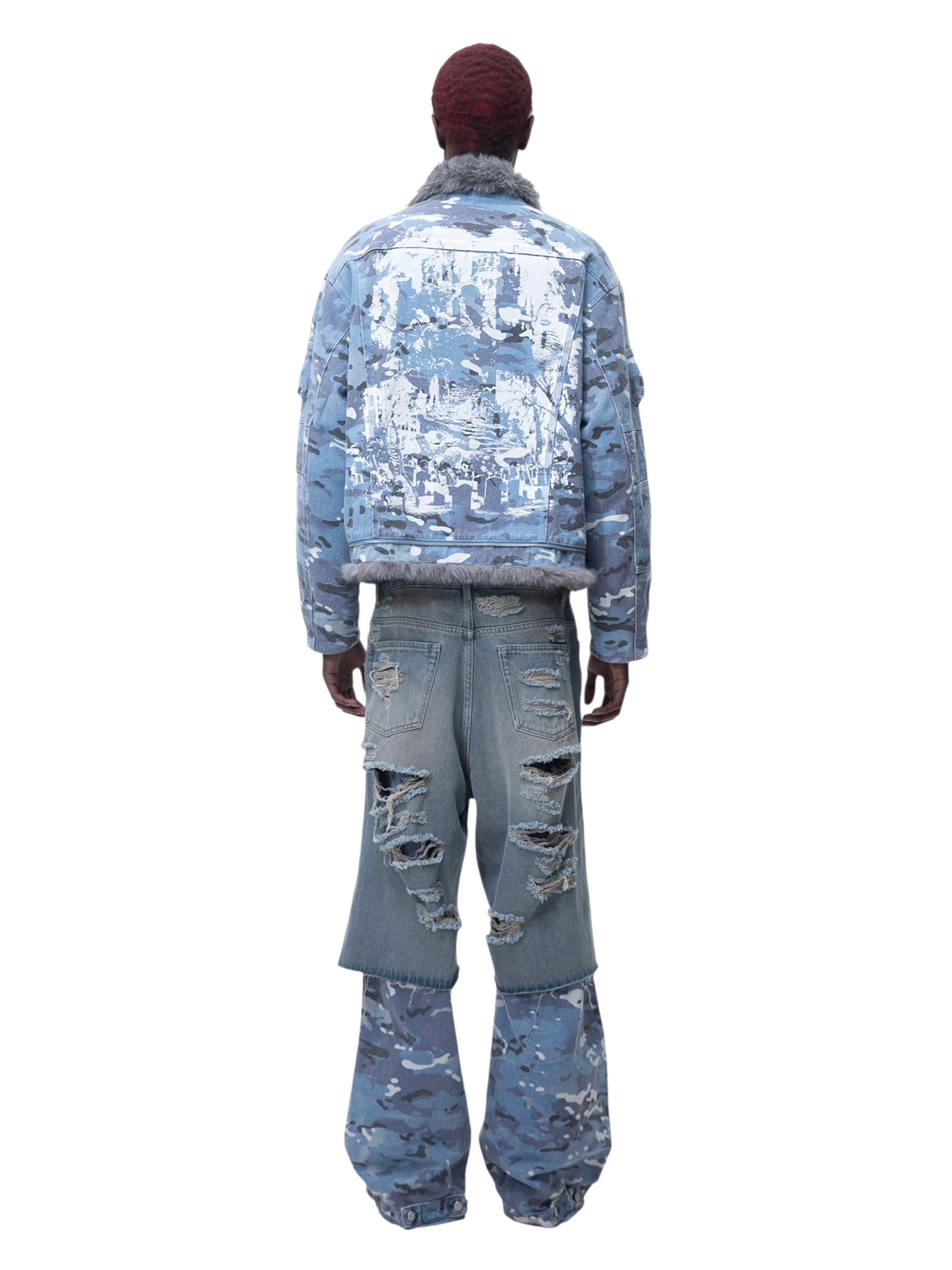 TBHNP Eclipse of the Blood Moon blue camo padded fur-collar jacket — men's streetwear jacket
